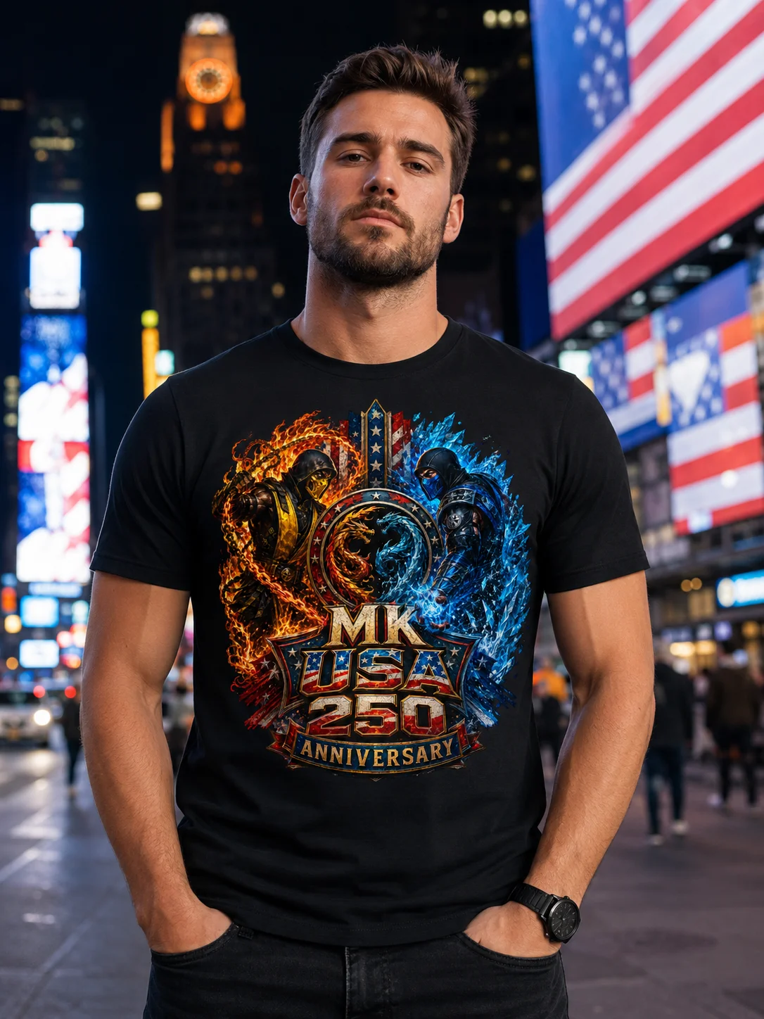 Mortal Kombat USA 250th Anniversary T-Shirt – Fire & Ice Patriotic Graphic Tee product image (1)