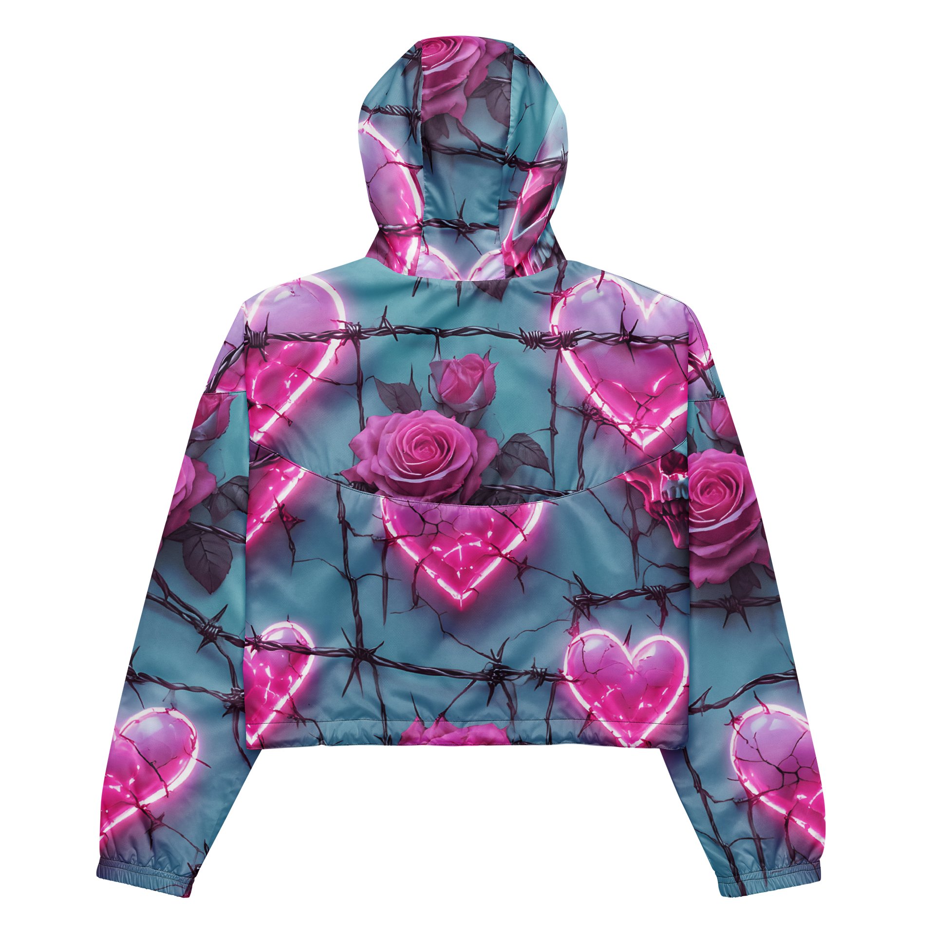 Neon Barbed Rose Heart Cropped Windbreaker - Glow Pink Shattered Hearts All-Over Print Women's Lightweight Jacket product image (5)