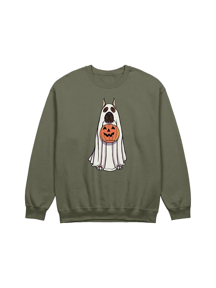 Funny Halloween Great Dane(Cropped Ears Brindle) Sweatshirt | Funny Great Dane Wearing a Ghost Costume and Holding a Pumpkin Basket product image (1)