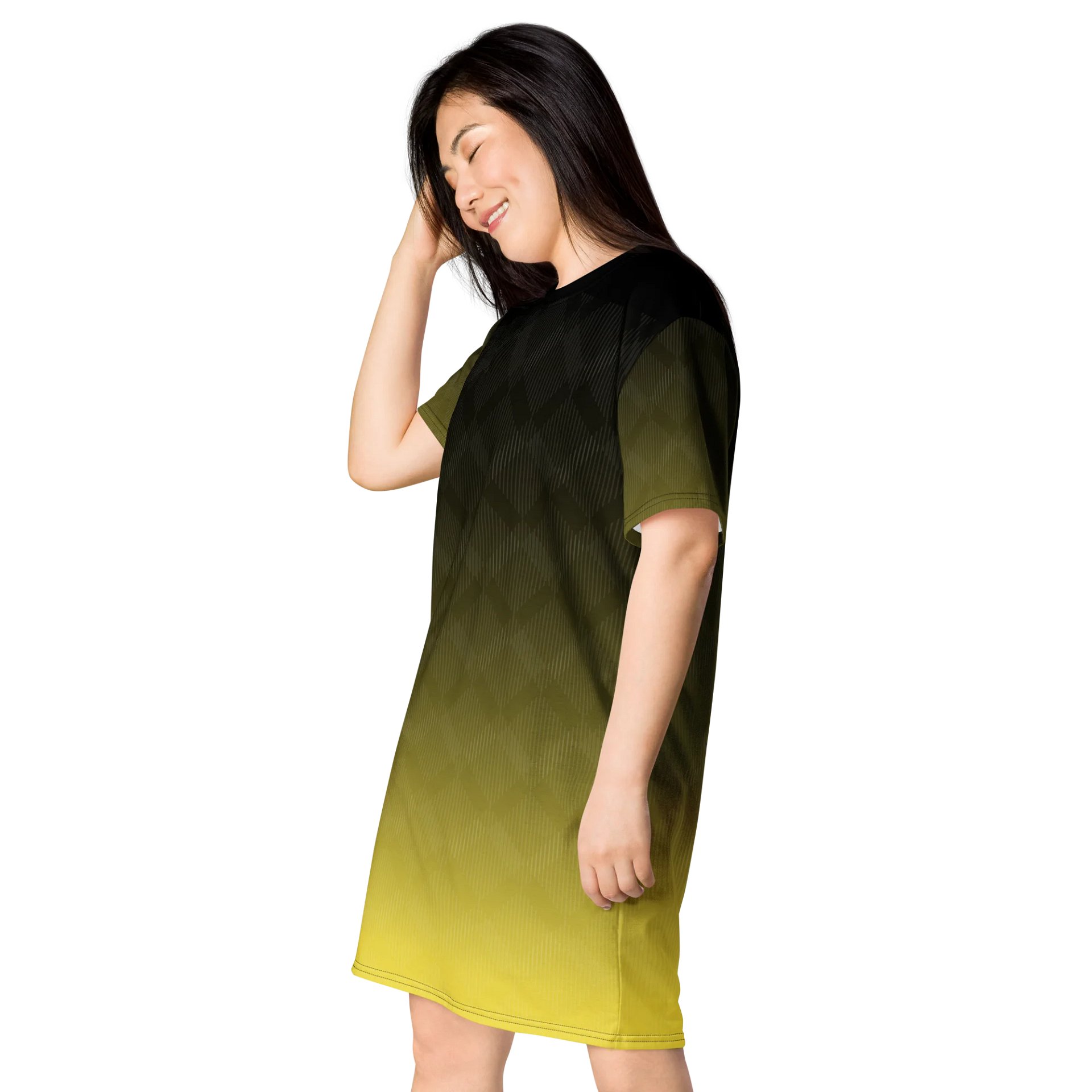 Exclusive Gradient T-Shirt Dress with Diamond Pattern - Black to Yellow product image (3)