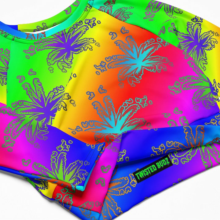 Reefer Rainbow Rave Recycled Long-Sleeve Crop Top, 420 Festival Fashion, Summer Stoner Shirt, Cannabis Queer Pride LGBTQIA+ Art Clothing product image (2)