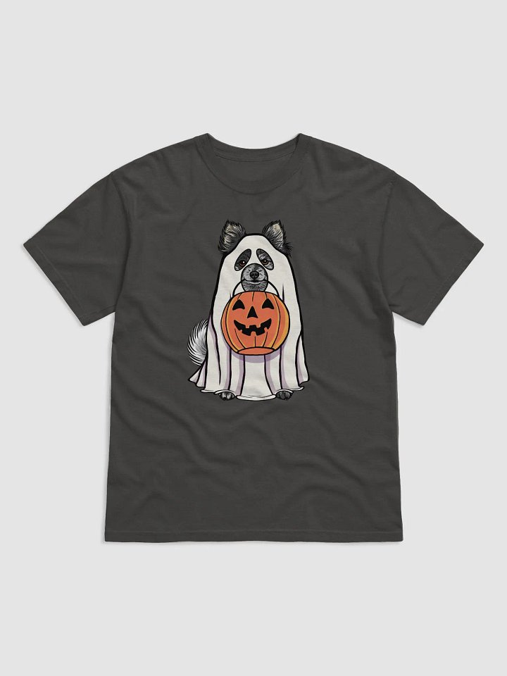 Funny Halloween Pomeranian(Blue Merle) T-Shirt | Funny Pomeranian Wearing a Ghost Costume and Holding a Pumpkin Basket product image (1)