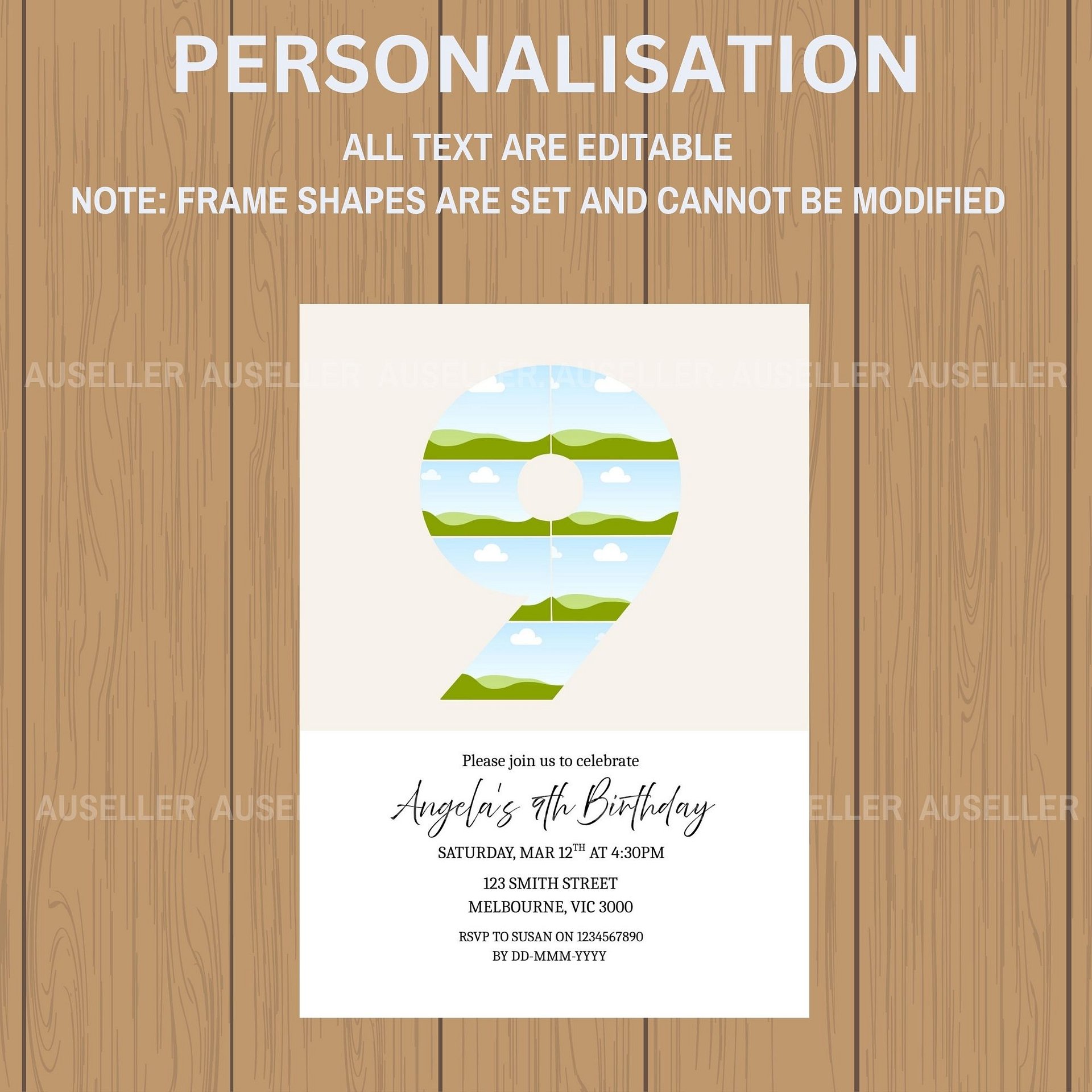 9th Birthday Photo Collage Editable Invitation Template | auseller