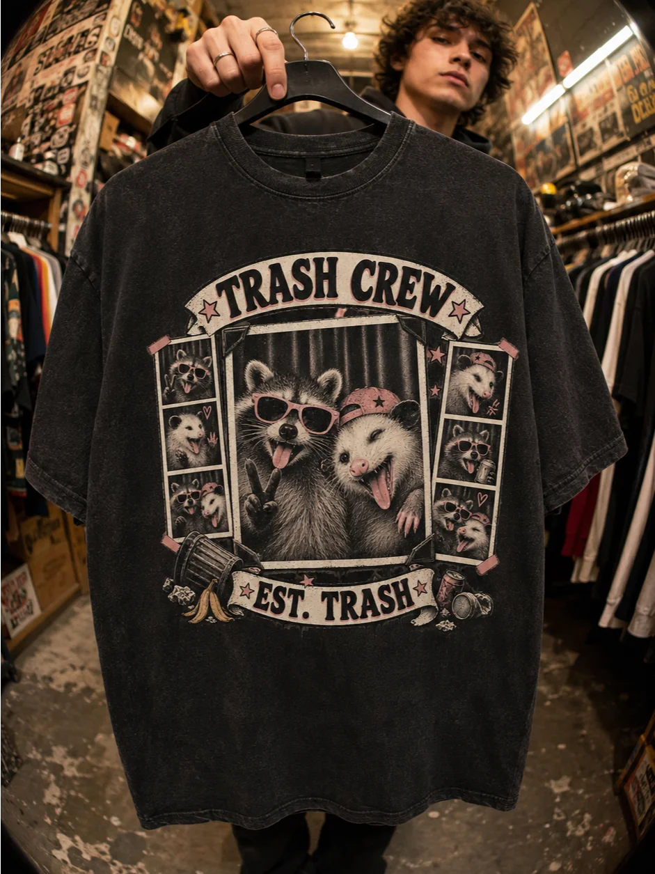 Trash Crew Graphic Tee — Vintage Raccoon & Possum Photo Booth Shirt product image (1)
