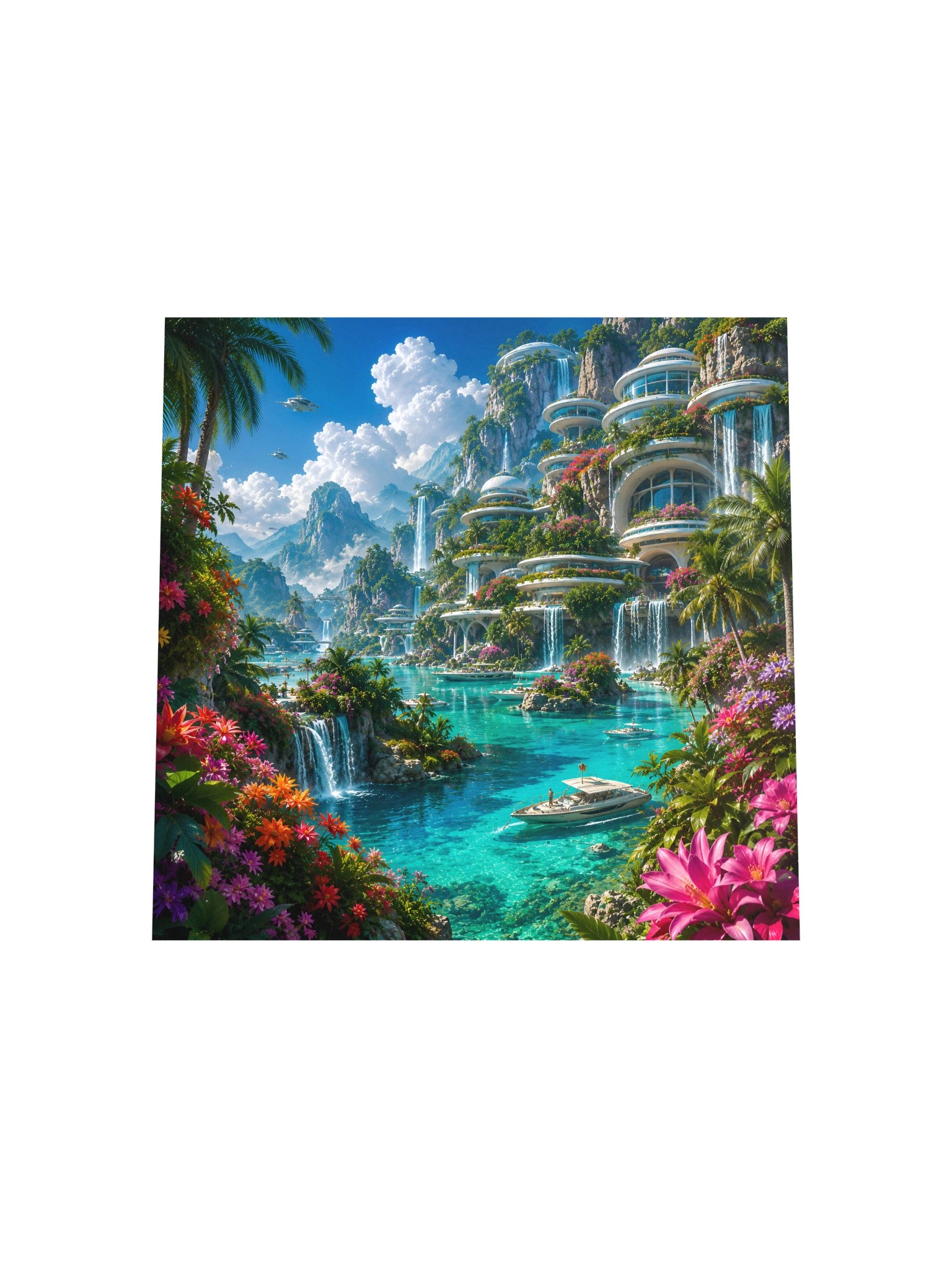 Futuristic Tropical Paradise Waterfall City, Turquoise Lagoon Sci-Fi Wall Art Poster* product image (5)