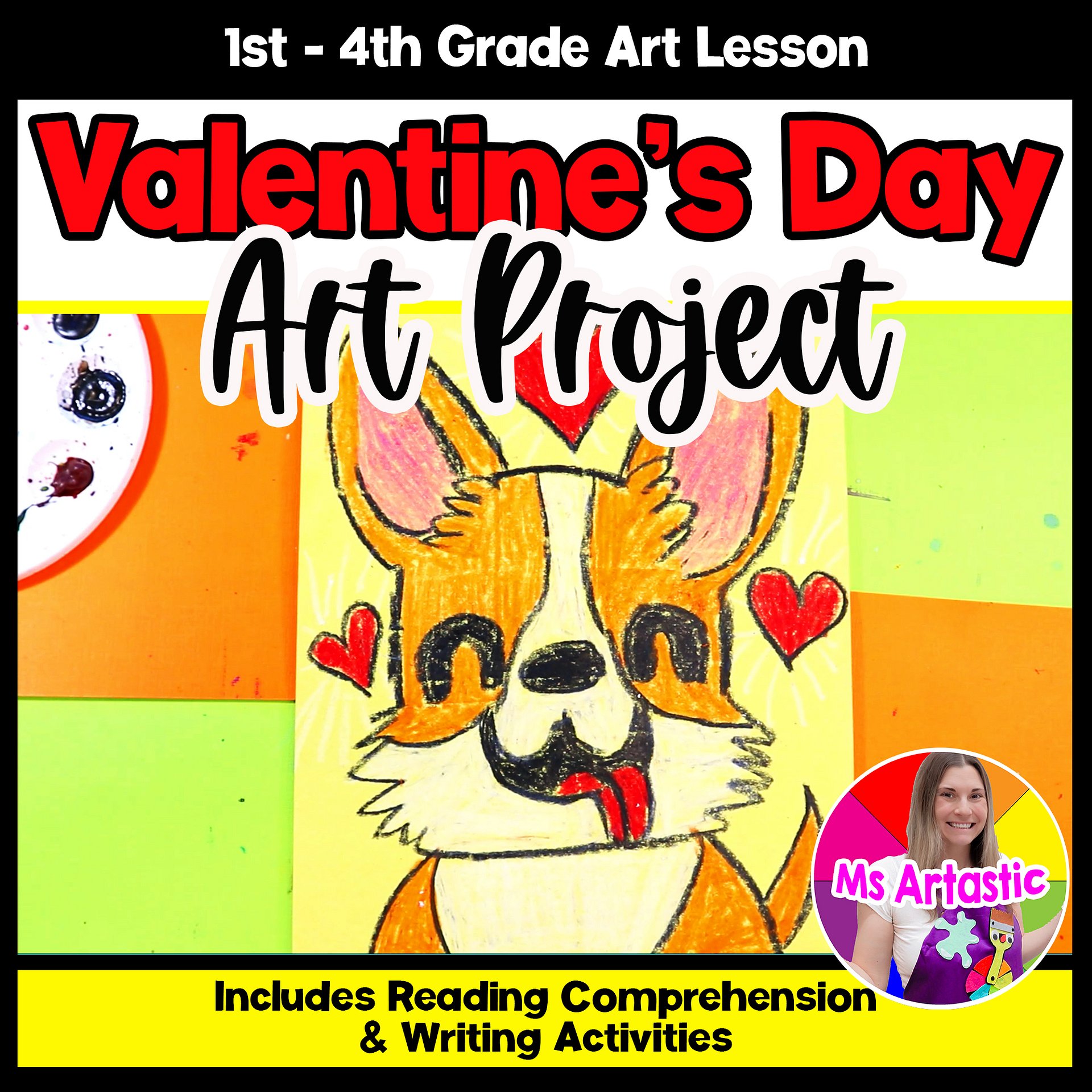 Valentines Day Corgi Art Project Valentine Art Lesson with Reading Writing product image (1)