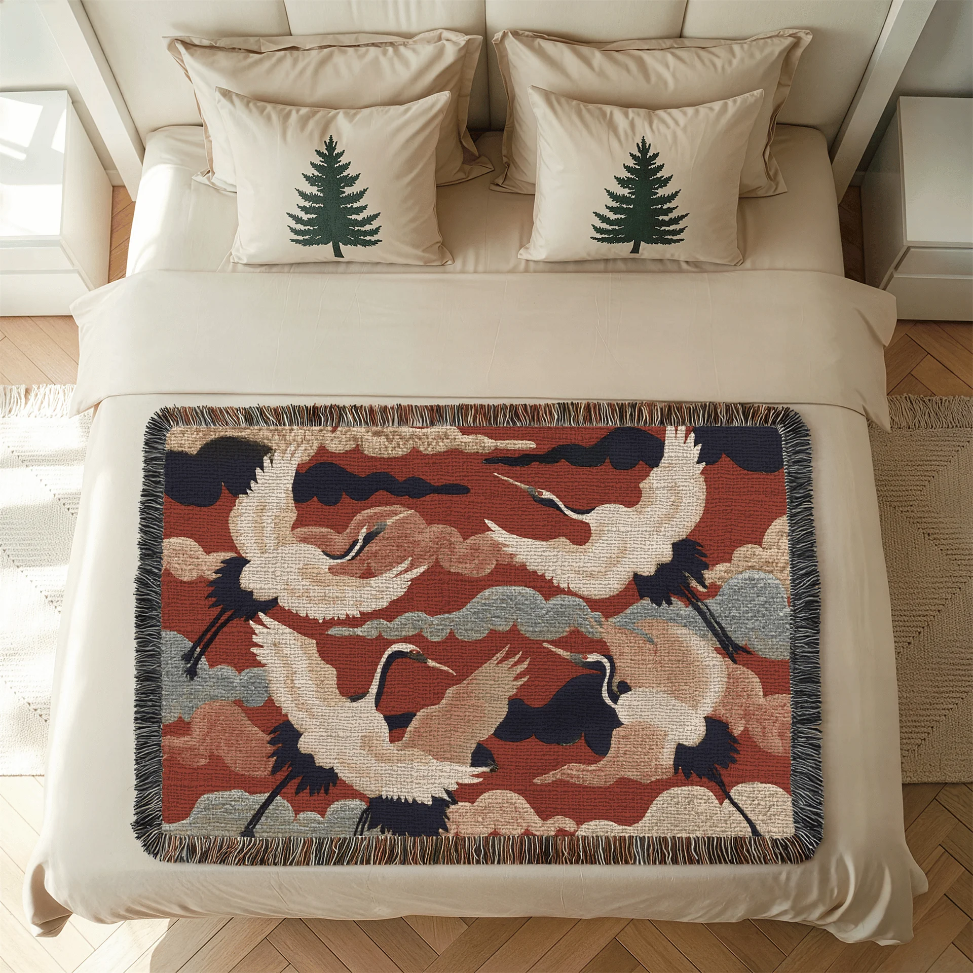 Japanese Crane Woven Blanket | Red Cotton Throw Tapestry with Fringe | 3 Sizes product image (3)