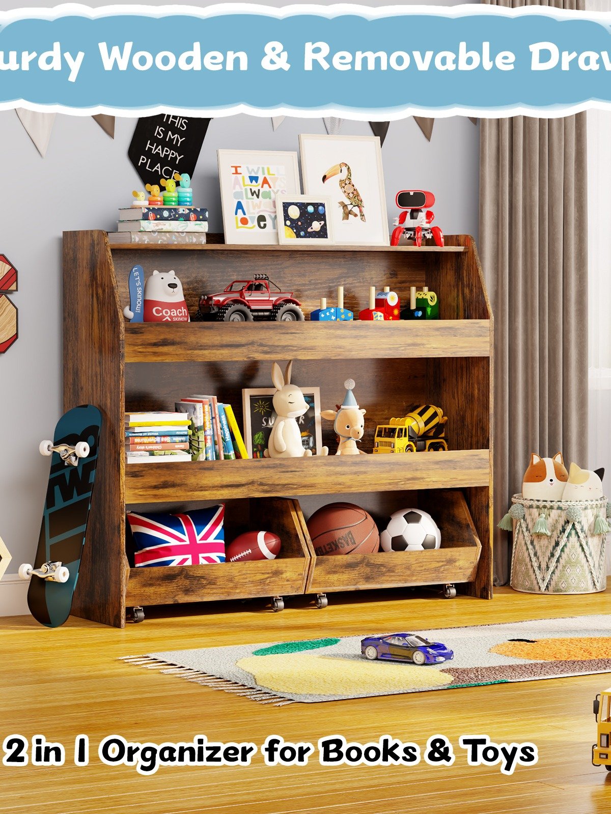 3-Tier Portable Toy Storage, Kids Toy Organizer W/2 Removable Bins with 4 Wheels（Brown) product image (8)
