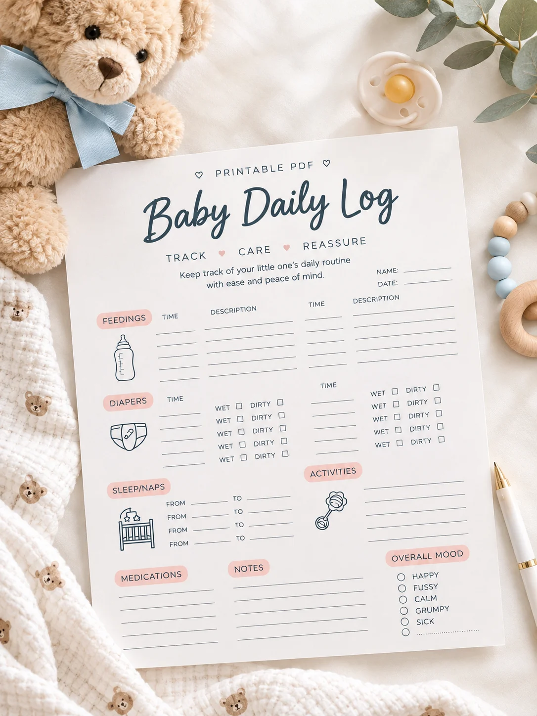 Baby Daily Log Printable PDF — Newborn Care & Routine Tracker product image (1)