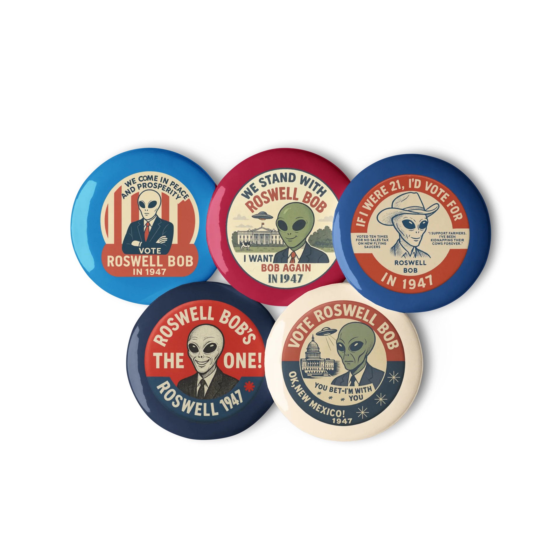1947 Political Campaign Roswell Aliens Pin Buttons (Set of 5) product image (2)