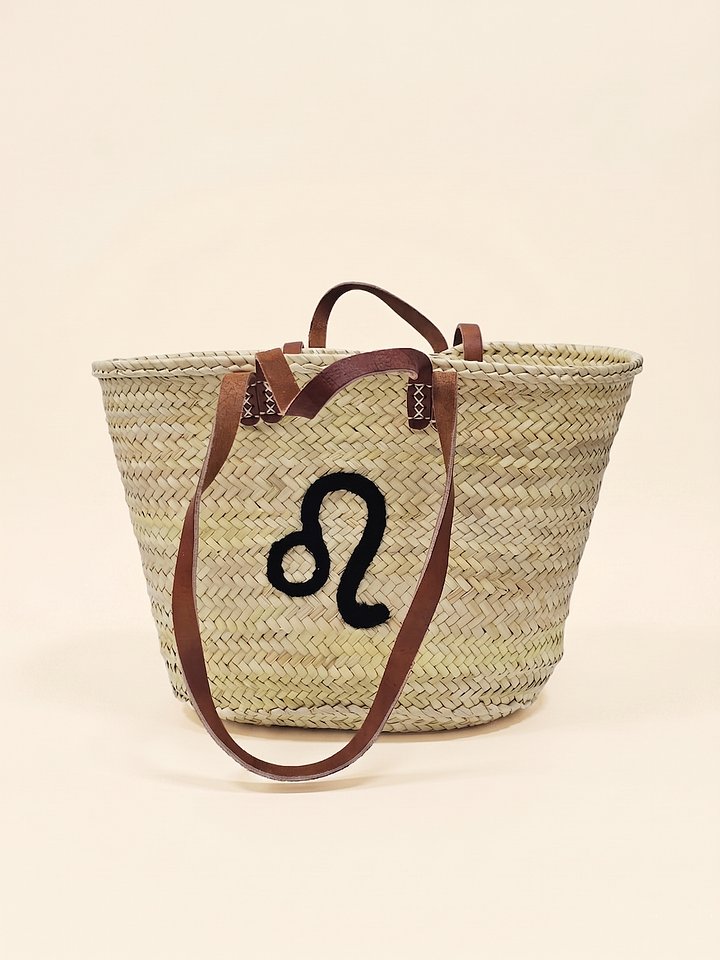 Handmade Straw Tote Bag – Leo Zodiac Monogram Market Basket product image (2)