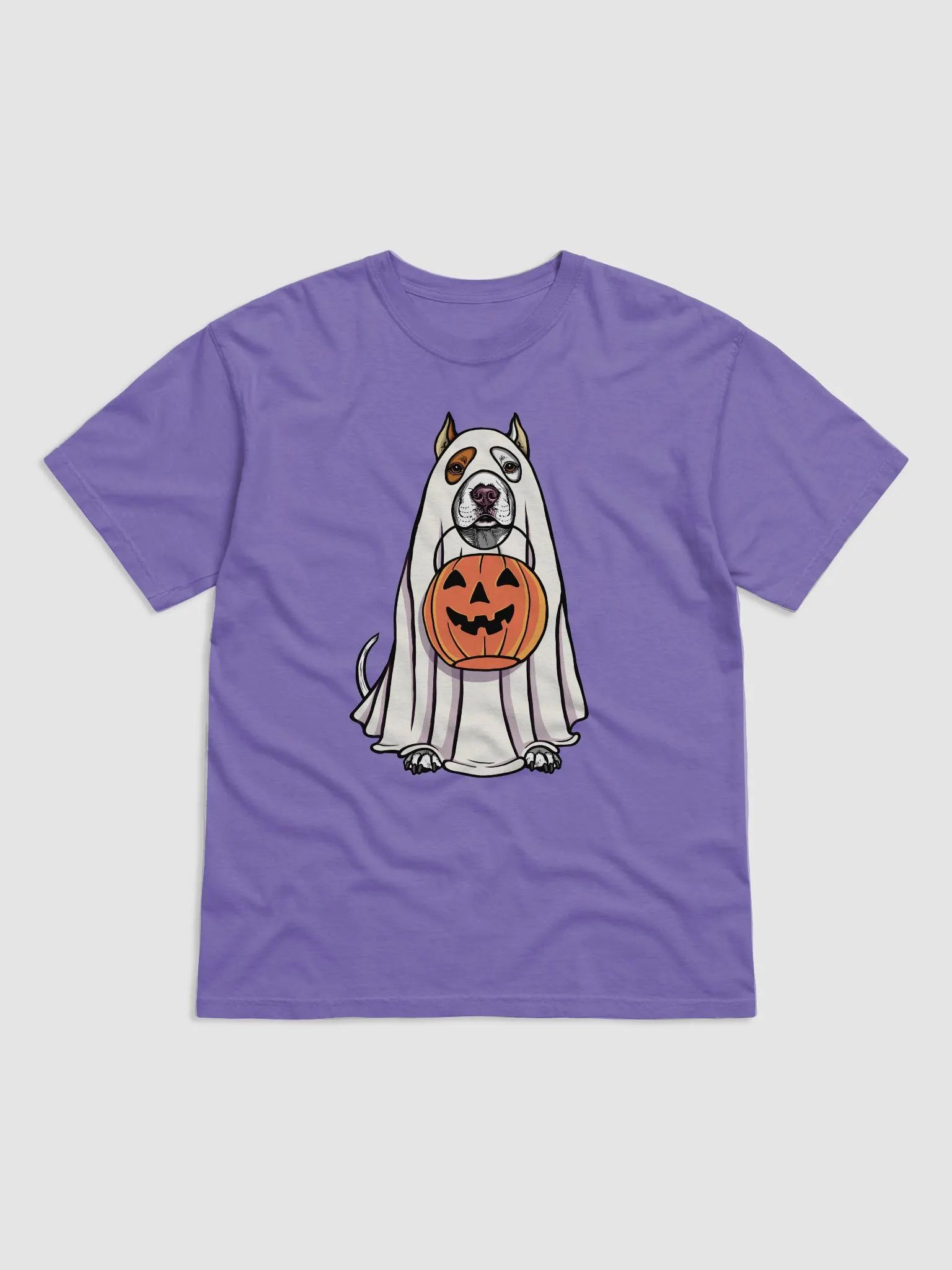 Funny Halloween Pitbull Terrier(Cropped Ears, White) T-Shirt | Funny Pittie Wearing a Ghost Costume and Holding a Pumpkin Basket product image (1)