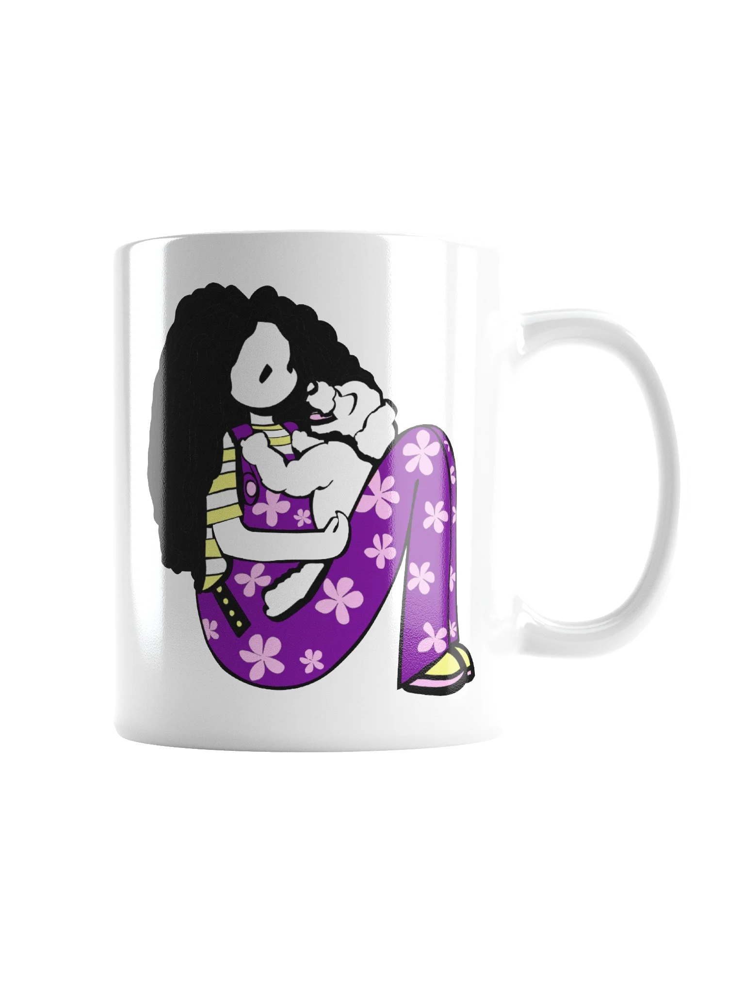 Mug: Girl with laughing dog: purple pink yellow product image (2)