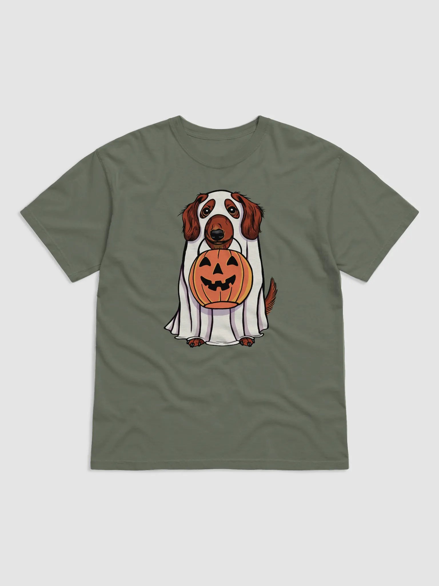 Funny Halloween Longhaired Dachshund T-Shirt | Funny Doxie/Wiener Wearing a Ghost Costume and Holding a Pumpkin Basket product image (1)