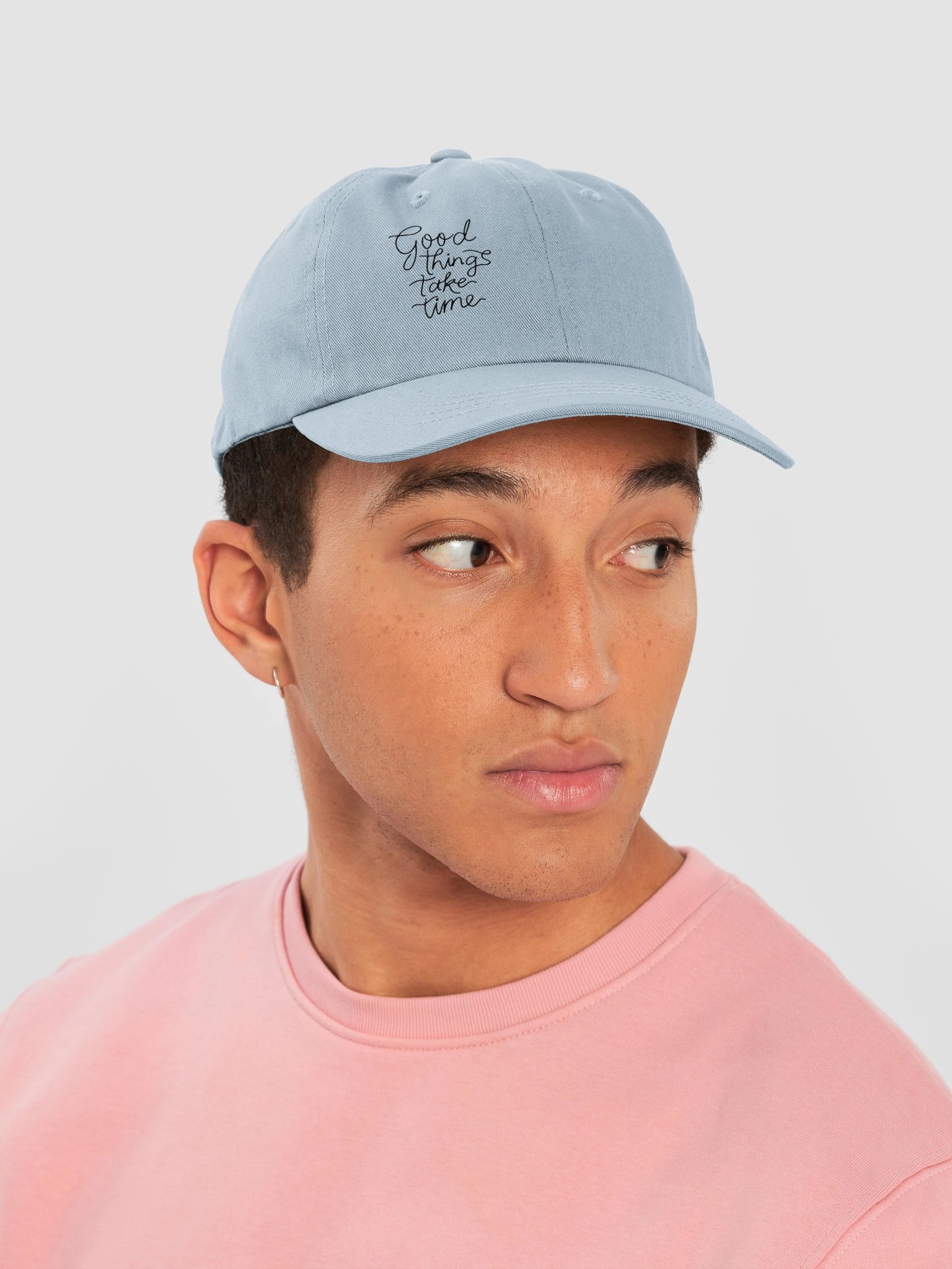 "Good Things Take Time" Dad Hat – Baby Blue Embroidered Script Baseball Cap product image (6)