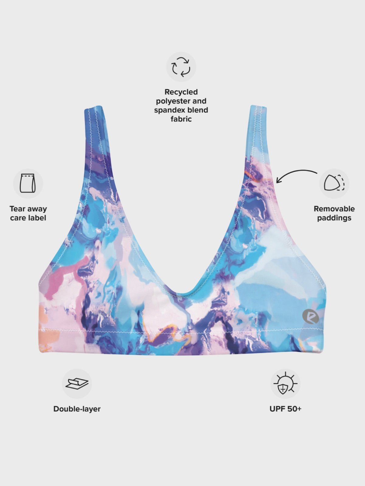 Padded Bikini Top "Marble Effect Pastel Blue Purple Dreamy Waves" product image (8)