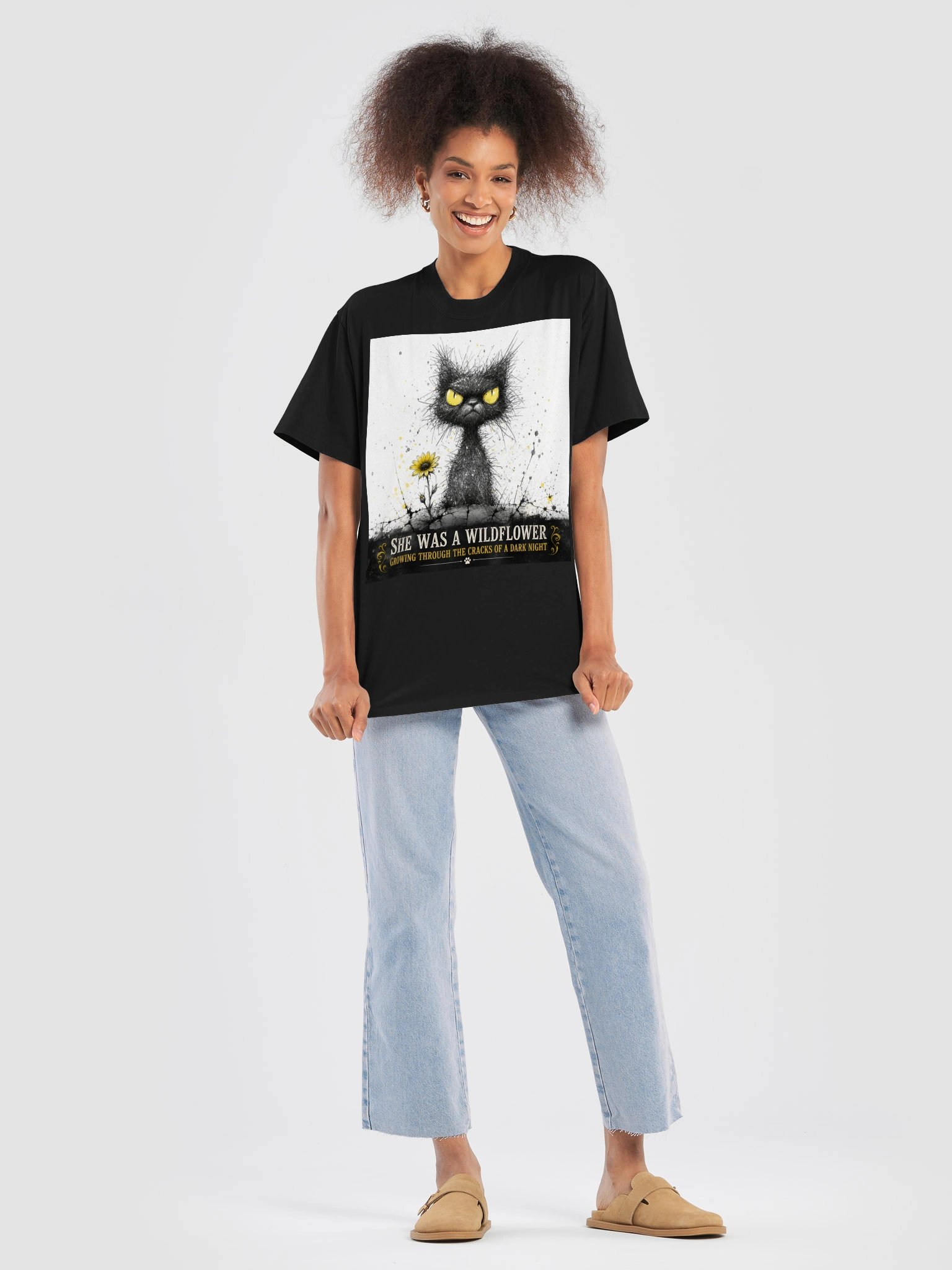 Black Cat Wildflower Premium Oversized T-Shirt, Gothic Cat Lover Gift, Faded Black Shirt product image (8)