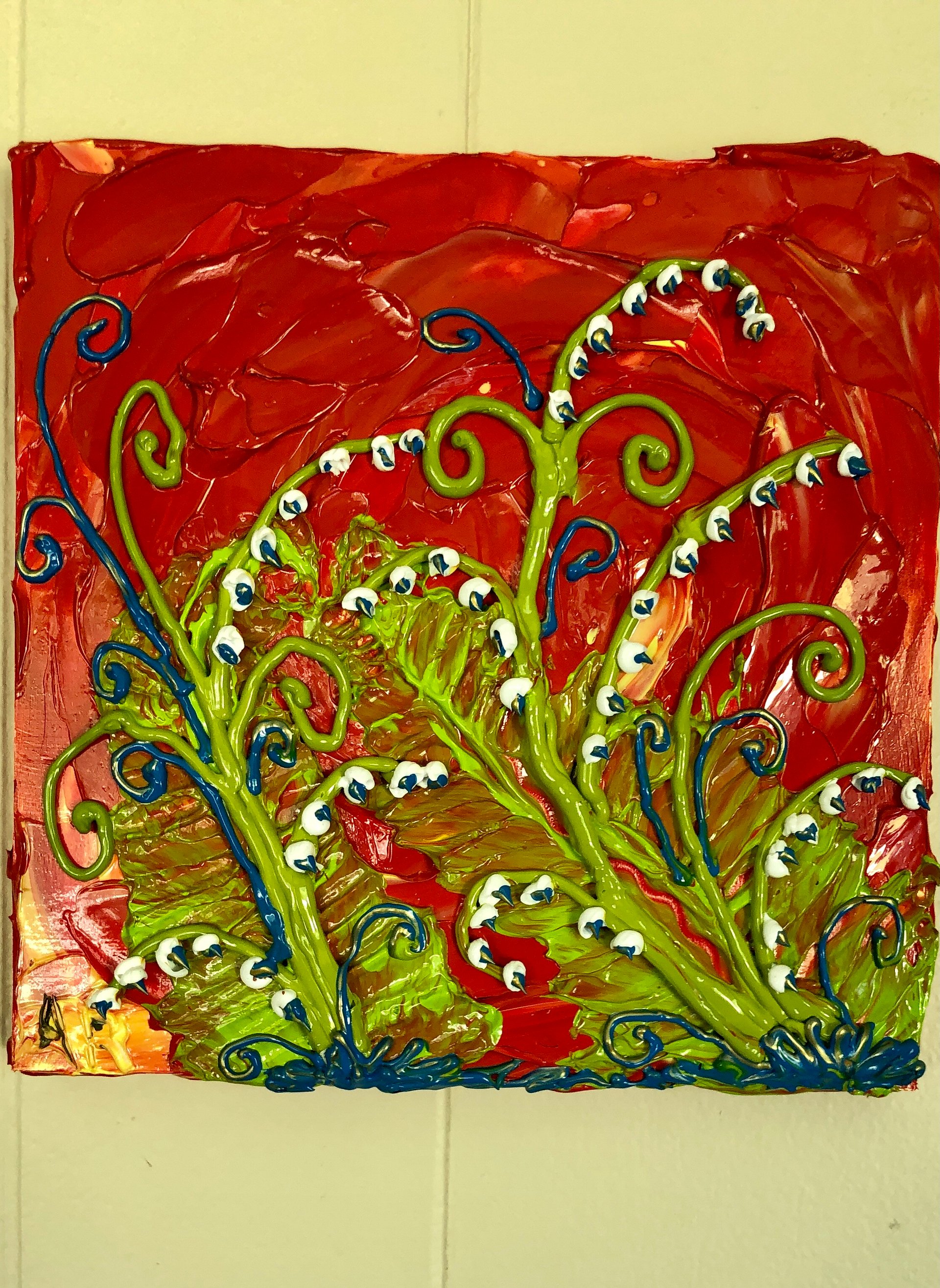 "Lily of the Valley Fantasy Sunset" 8"x8" birch panel Impasto painting- bright, glowing colors product image (2)