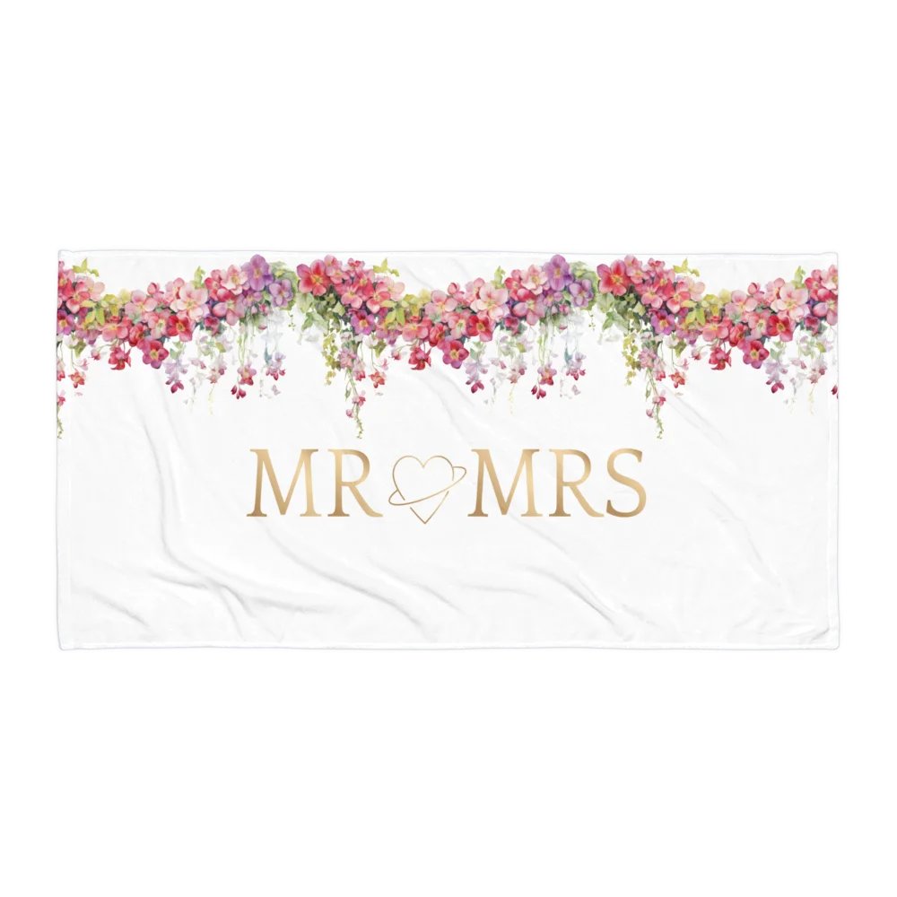 MR & MRS FLORAL TOWEL – 30"x60", COTTON TERRY BACK, WEDDING GIFT WITH BLOOMING DETAIL product image (1)