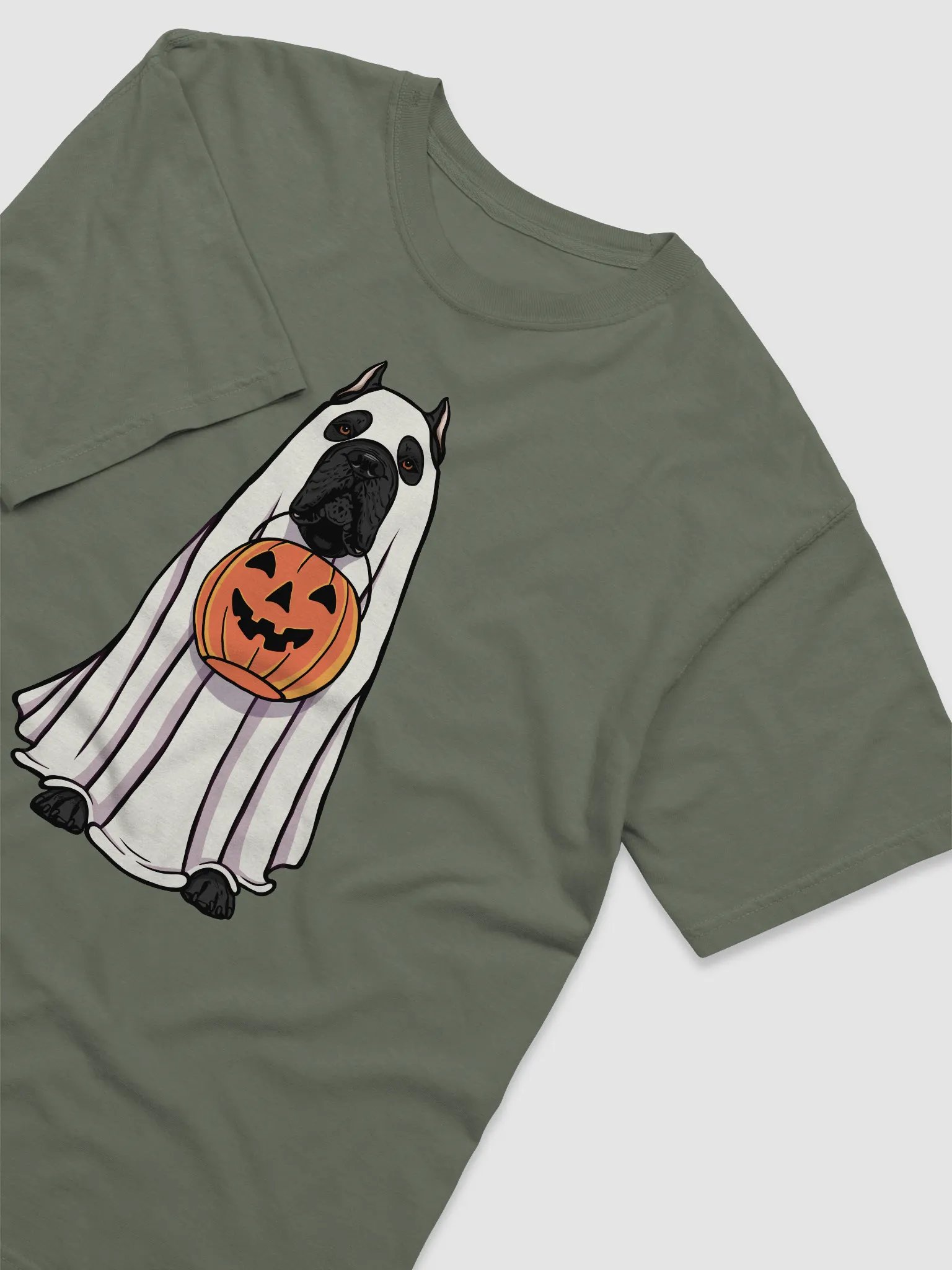 Funny Halloween Cane Corso(Black) T-Shirt | Funny Cane Corso Wearing a Ghost Costume and Holding a Pumpkin Basket product image (6)