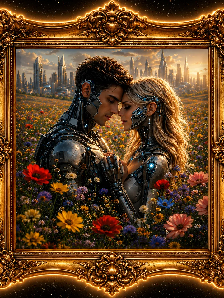 Cyborgs in the Wildflowers | Futuristic Love Wall Art product image (1)