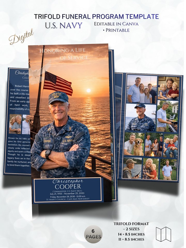 US Navy Trifold Funeral Program Template • Sunset Landscape with Flag • Editable in Canva • US Letter & Legal Sizes • 6 Pages product image (1)