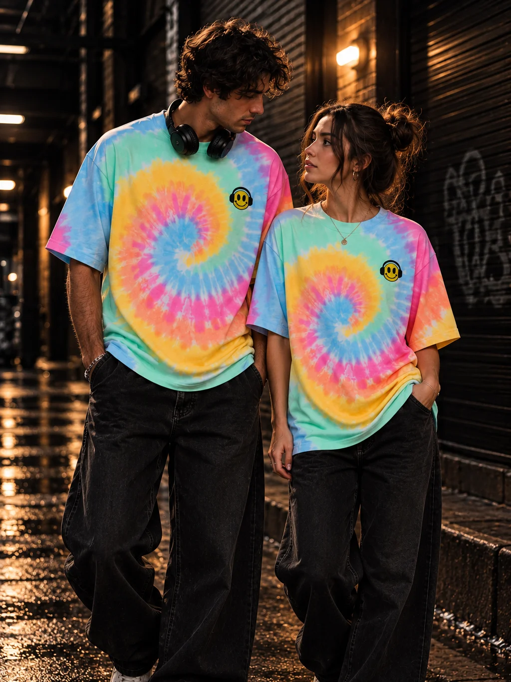 Embroidered Smiley Headphones Oversized Tie-Dye T-Shirt | Shaka Wear Heavyweight Tee product image (1)