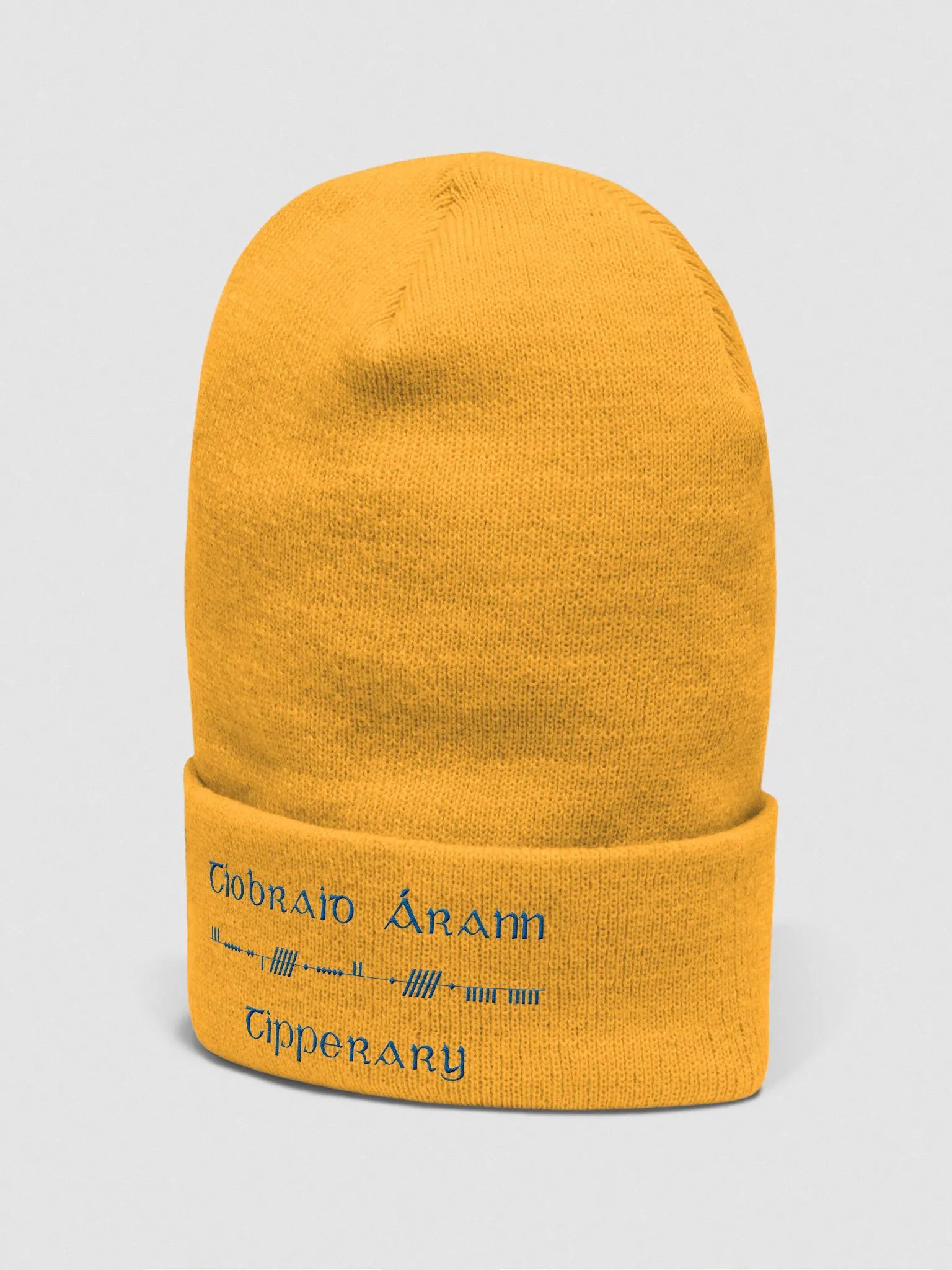 Tipperary/Tiobraid Árann Scholastic style Ogham, Gold with Blue, embroidered Cuffed Beanie product image (4)