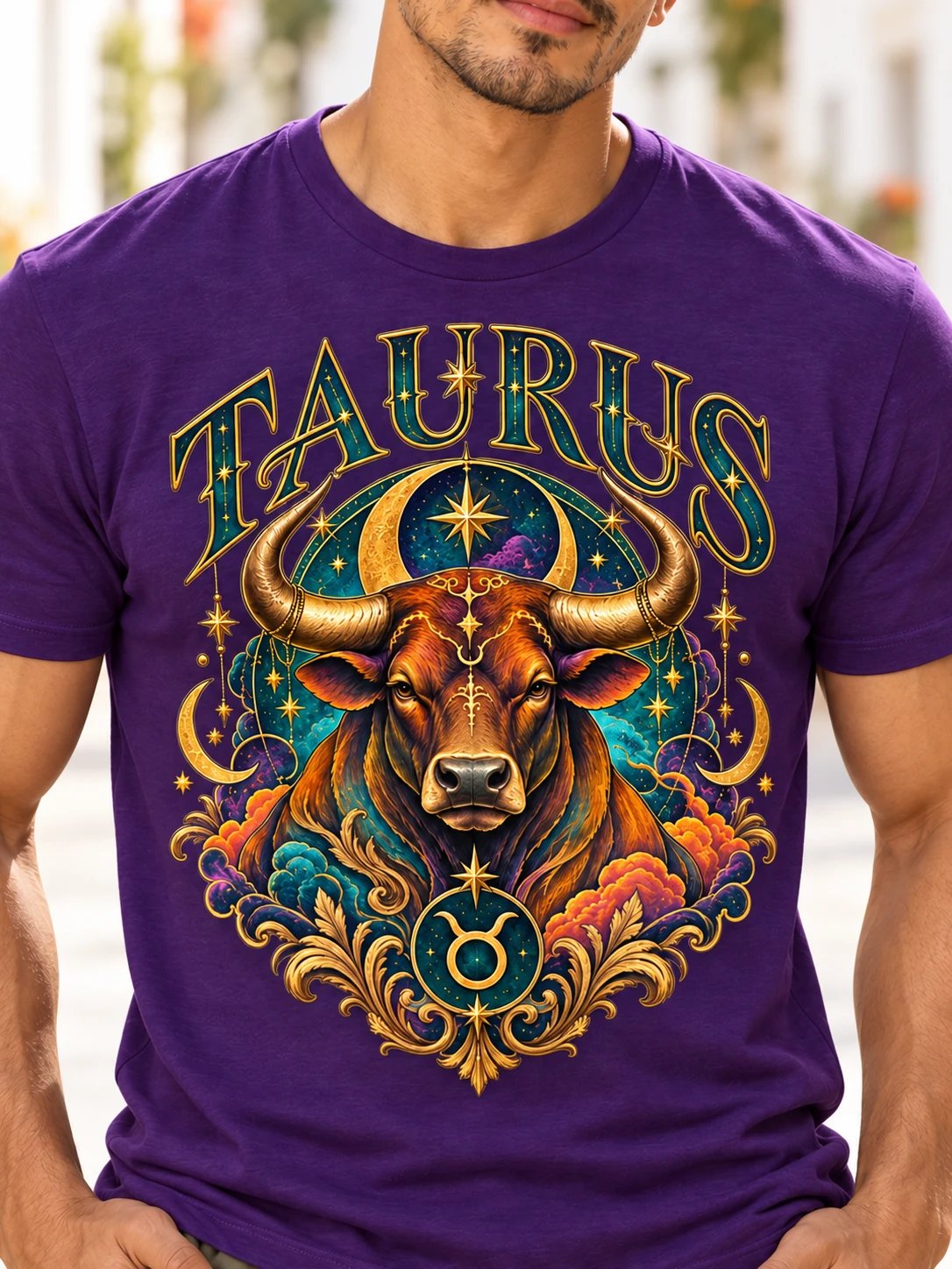Taurus Zodiac T-Shirt With Ornate Celestial Bull Art product image (1)