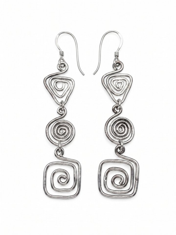 Handcrafted Silver Geometric Spiral Wire Dangle Earrings | Linked Triangle, Circle, Square Long Drop product image (1)