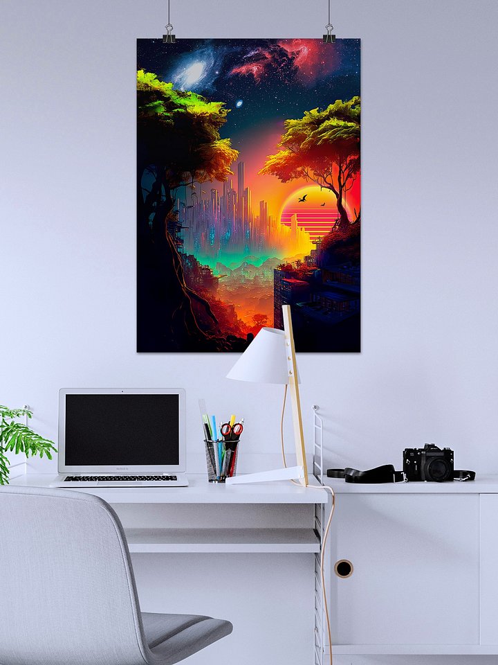 Synthwave cyberpunk city in a forest — surreal space collage art, futuristic sci-fi collage product image (2)