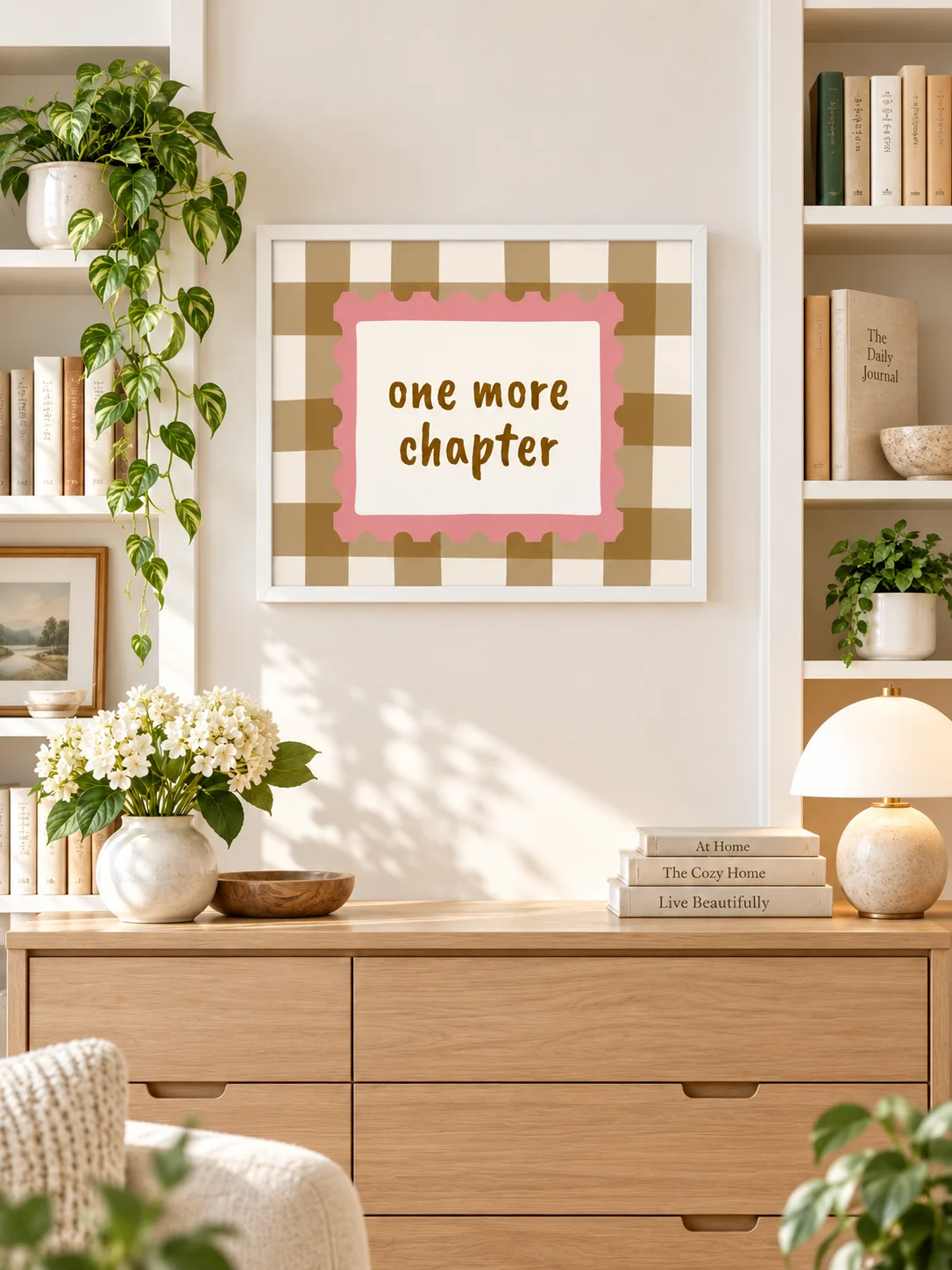 One More Chapter Printable Wall Art | Book Lover Reading Nook Poster | Pink Checkered Library Decor | Digital Download product image (9)