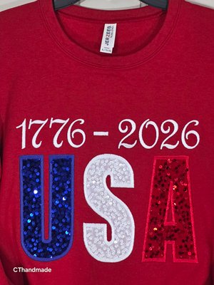 USA 1776 Patriotic America 4th of July Red Crewneck Embroidery Applique Sequin product image (1)