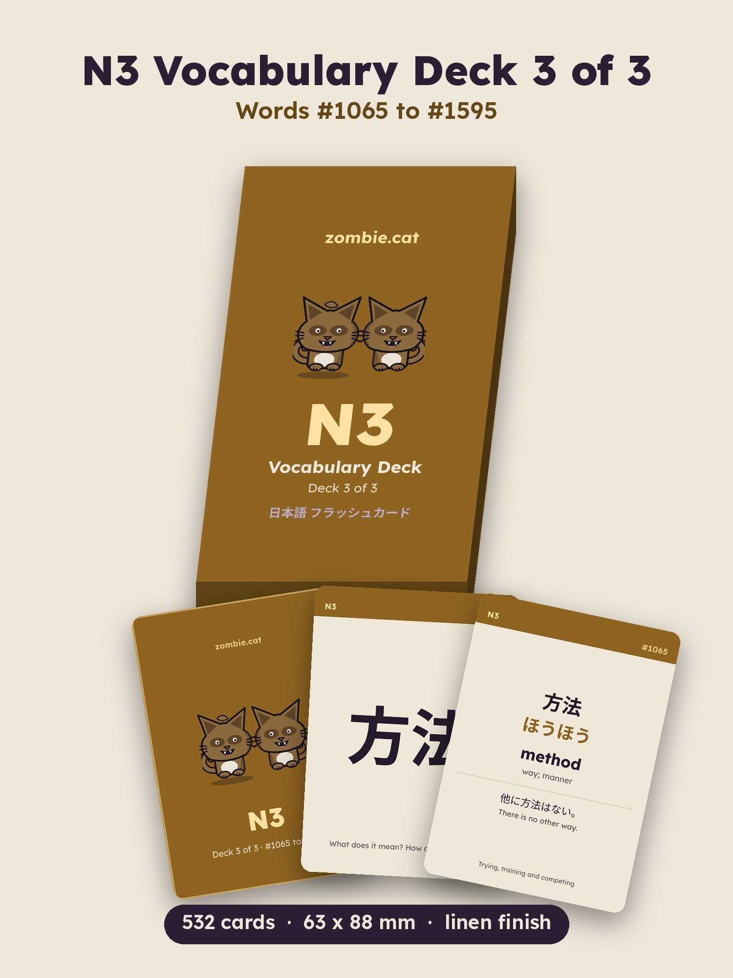 Japanese Flash Cards: JLPT N3 Vocabulary Deck 3 of 3, Words 1065 to 1595 (zombie.cat) product image (1)