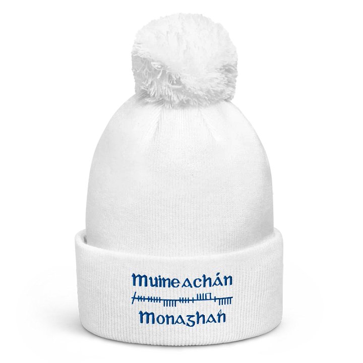 Monaghan/Muineachán Orthodox Ogham, white with blue, embroidered Pom-Pom Beanie product image (1)