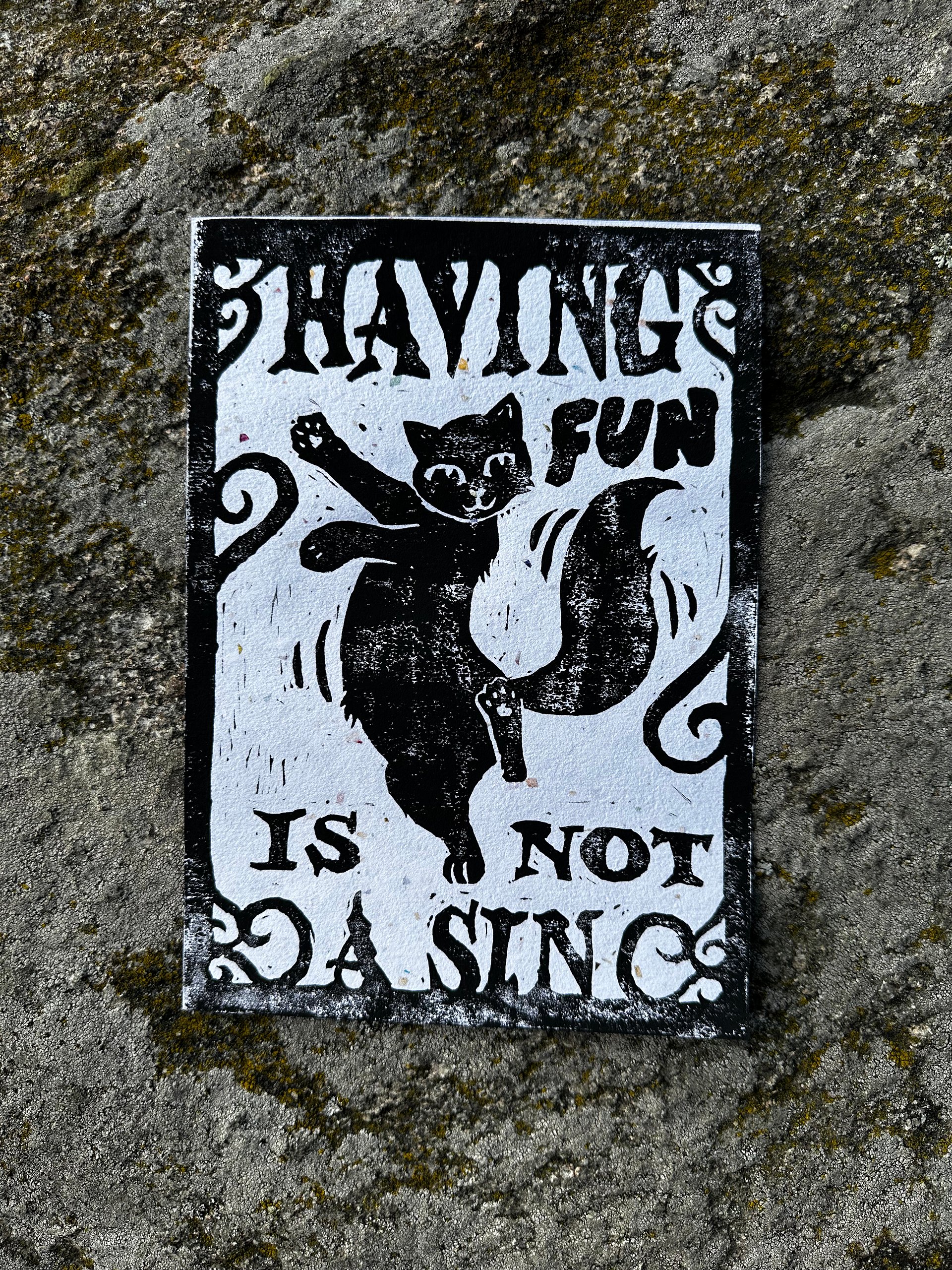 HAVING FUN IS NOT A SIN dancing cat original lino print (6) product image (1)