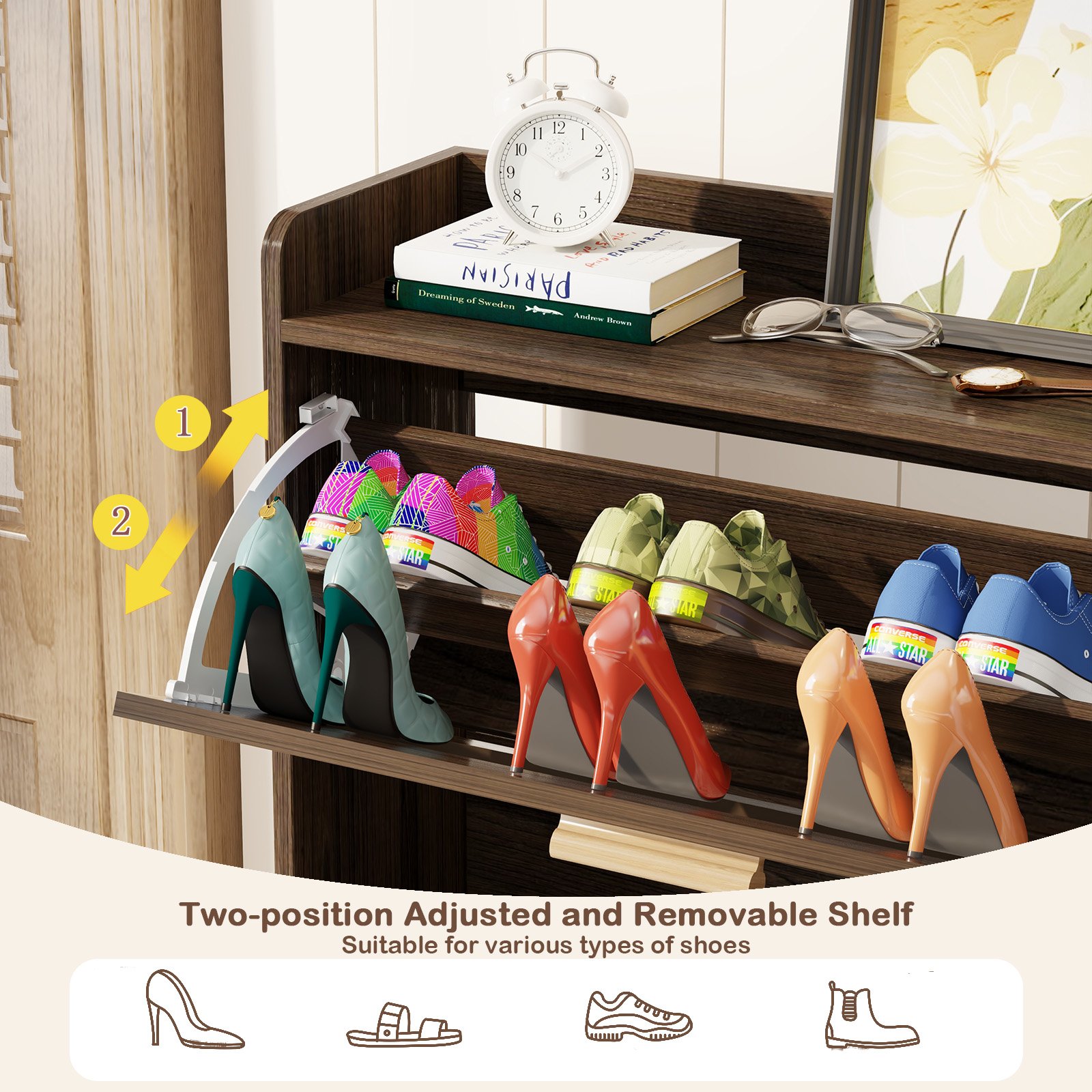 Shoe Cabinet with Natural Rattan Flip Drawers for Entryway Free Standing Slim Shoe Storage Organizer with 2 Flip Drawers Walnut product image (5)