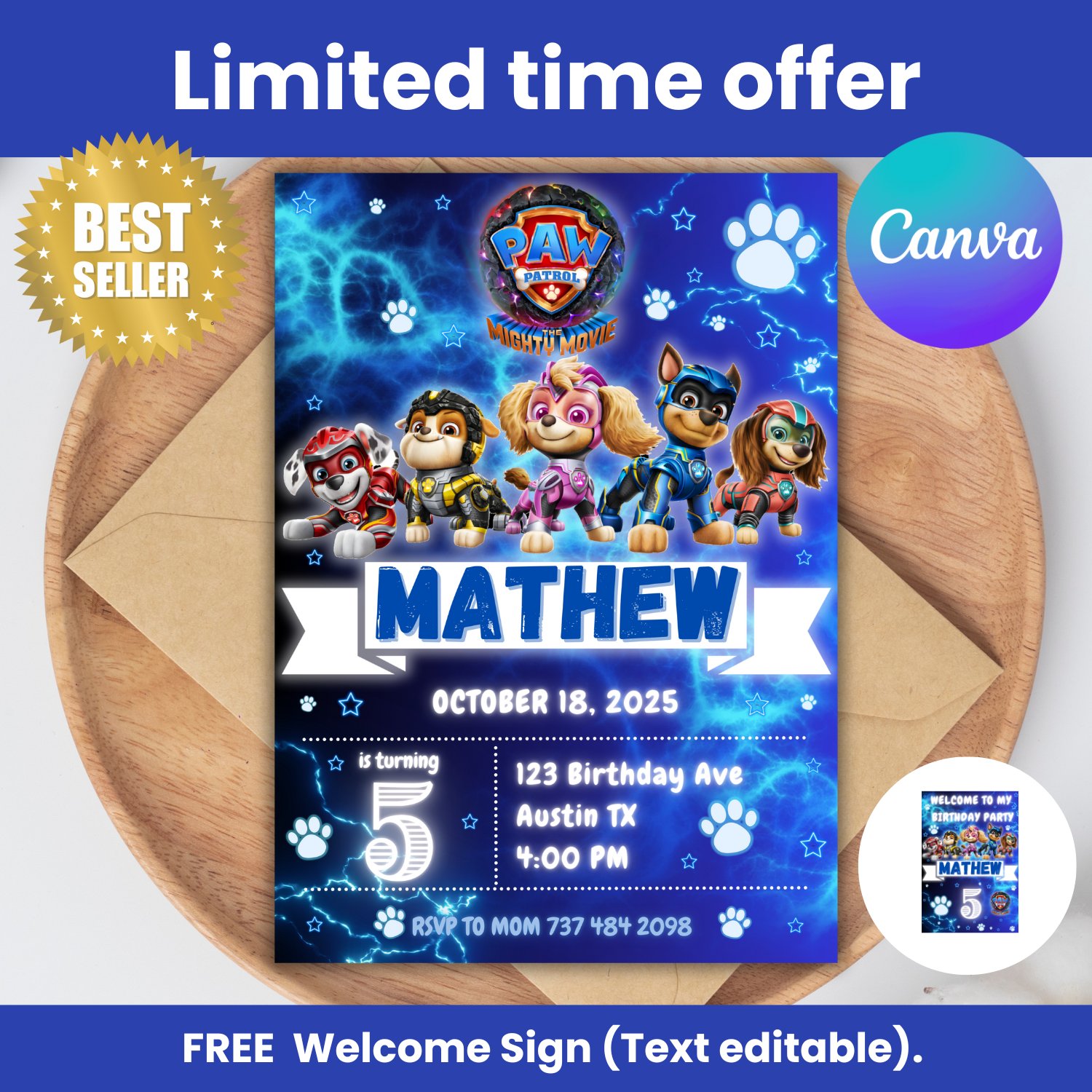 Editable Text Paw Patrol The Mighty Movie Birthday Invitation - Canva - Super Paw patrol product image (1)
