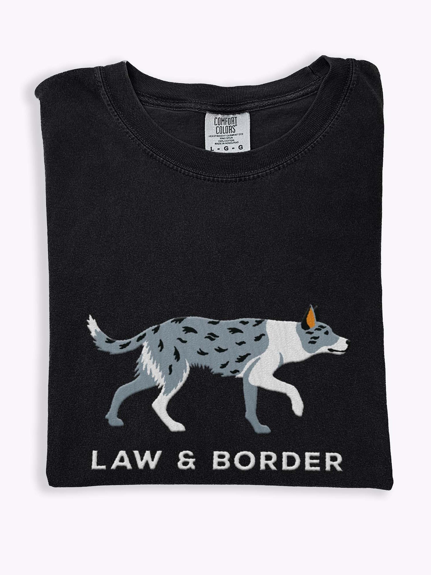 Law and Border T-Shirt(Embroidered) of a Smooth-Coated Border Collie(Blue Merle) product image (1)