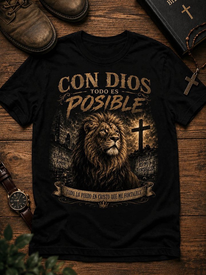 Con Dios Todo Es Posible – Camiseta Cristiana con León de Fe para Hombre product image (1)