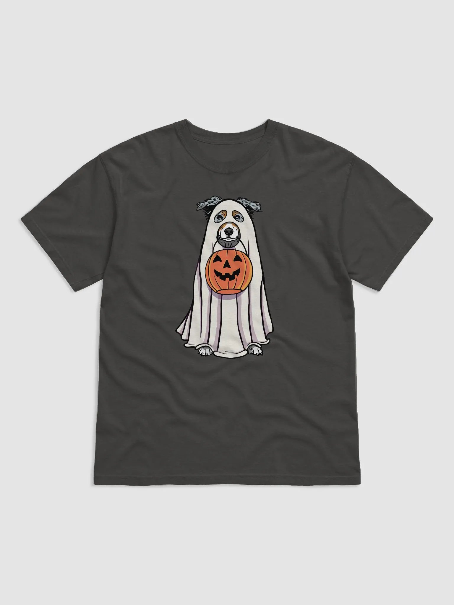 Funny Halloween Australian Shepherd(Blue Merle)T-Shirt | Funny Aussie Wearing a Ghost Costume and Holding a Pumpkin Basket product image (1)
