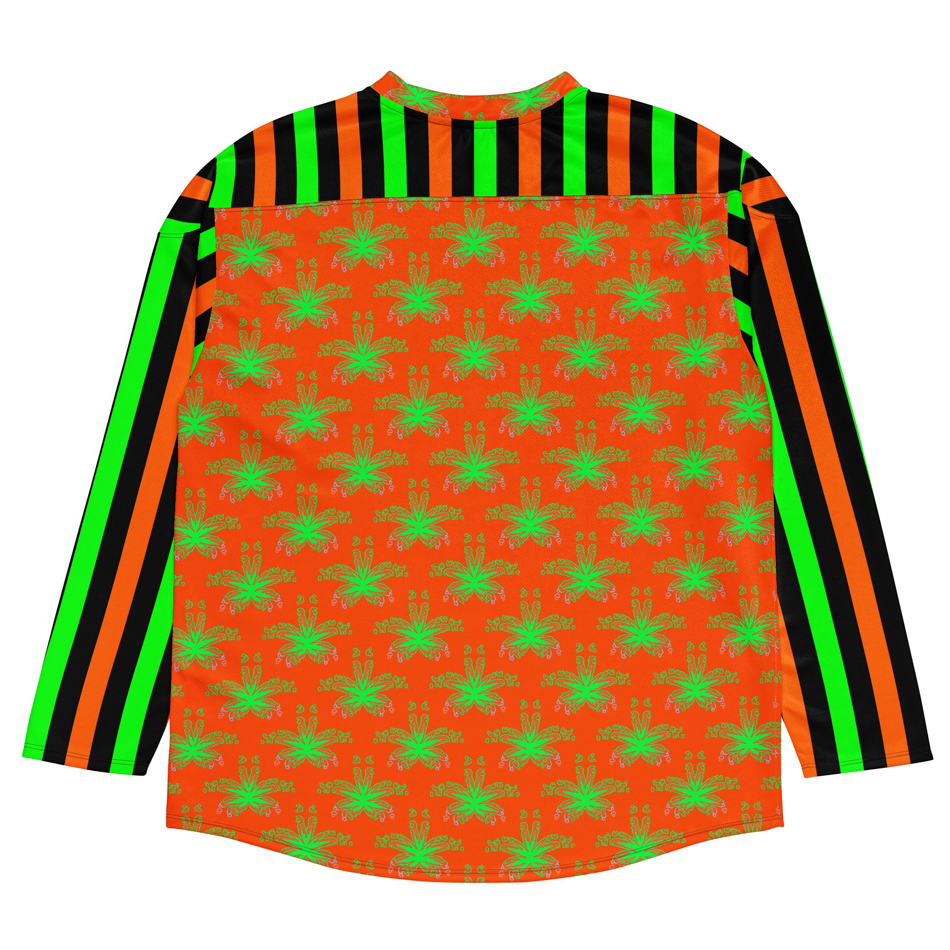 Weed Halloween Hockey Jersey, Cannabis 420 EDM Shirt, Pot Leaf Festival Ravewear, Green Orange Black Stoner Circus Stripe Clowncore Clothing product image (5)