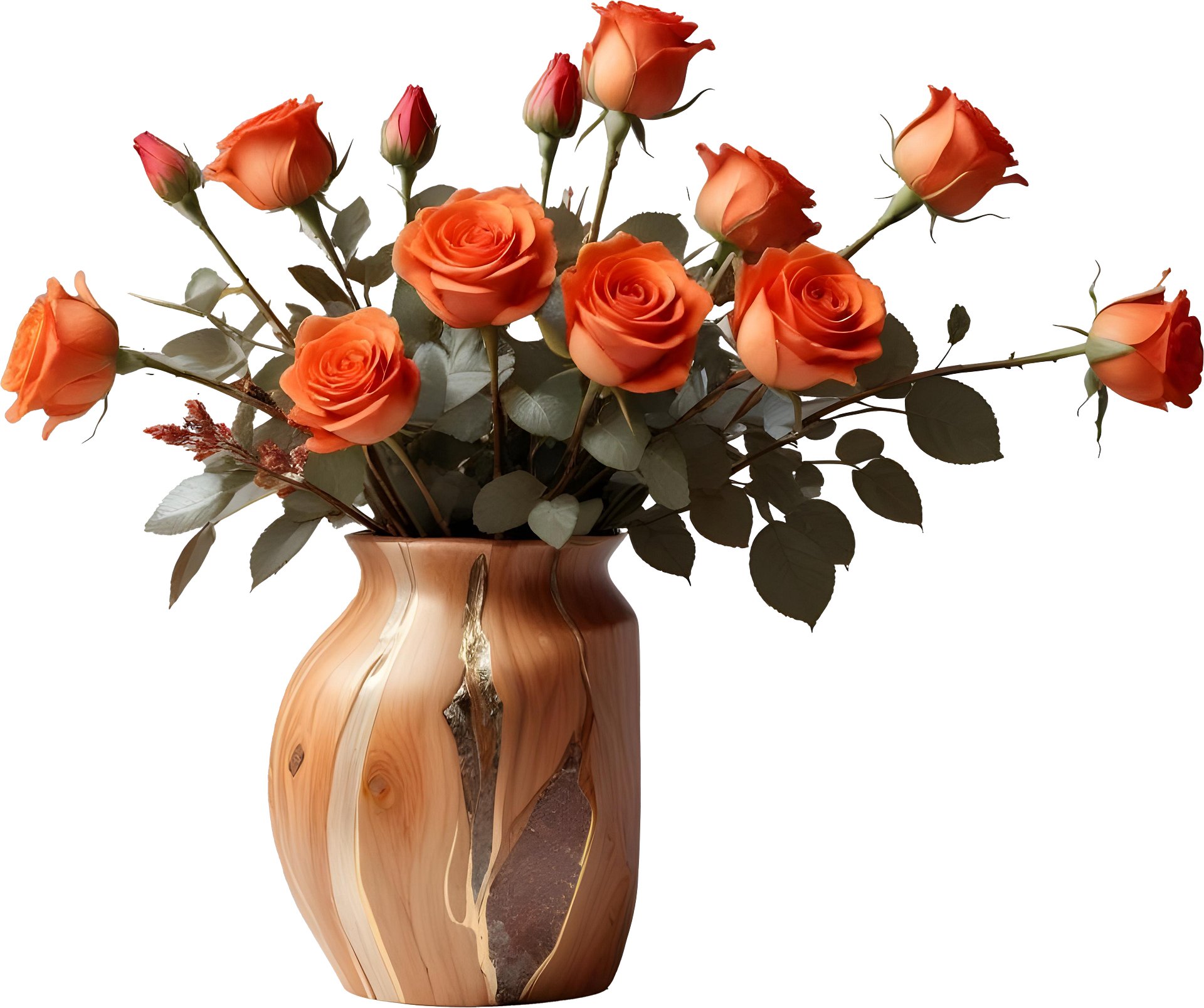 Rustic Wooden Vase with Orange Roses PNG product image (1)