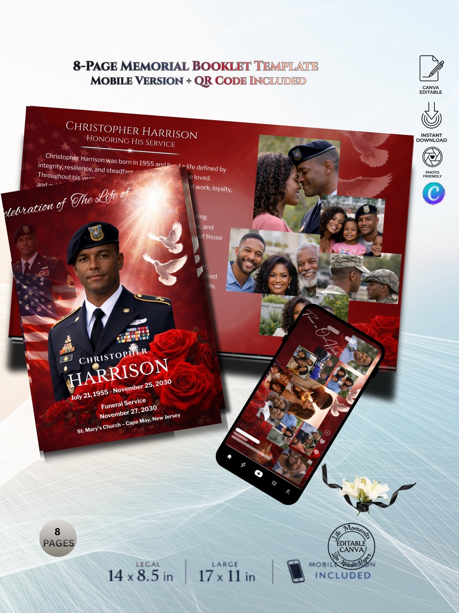 QR Code Military Funeral Booklet with 8-Slide Mobile Invitation & 17x11 Tabloid Template product image (3)