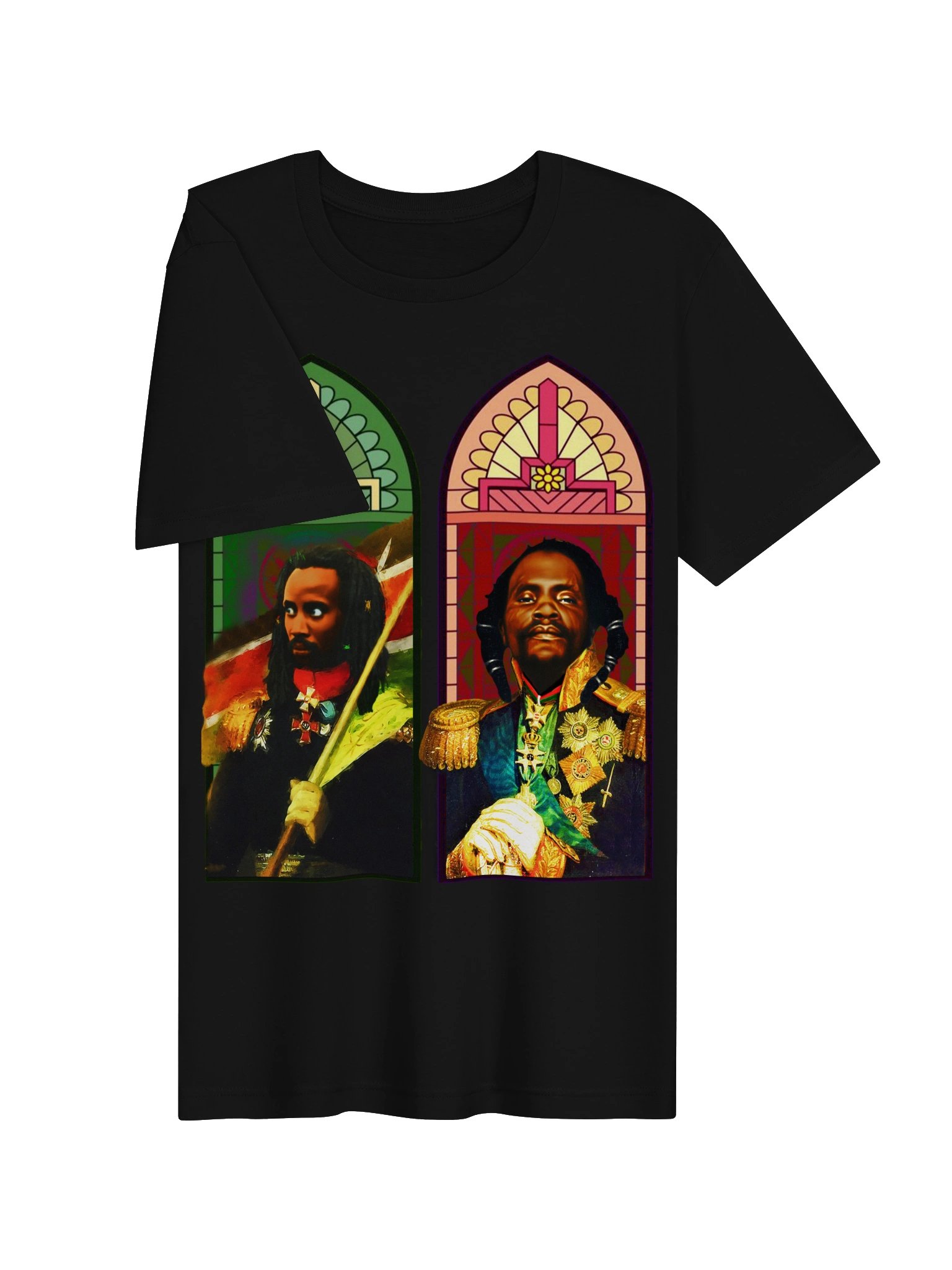 Dedan Kimathi & Musa Mwariama Stained Glass Tee – Mau Mau Freedom Fighters Pan-African Cathedral Art | Kenya History T-Shirt product image (5)