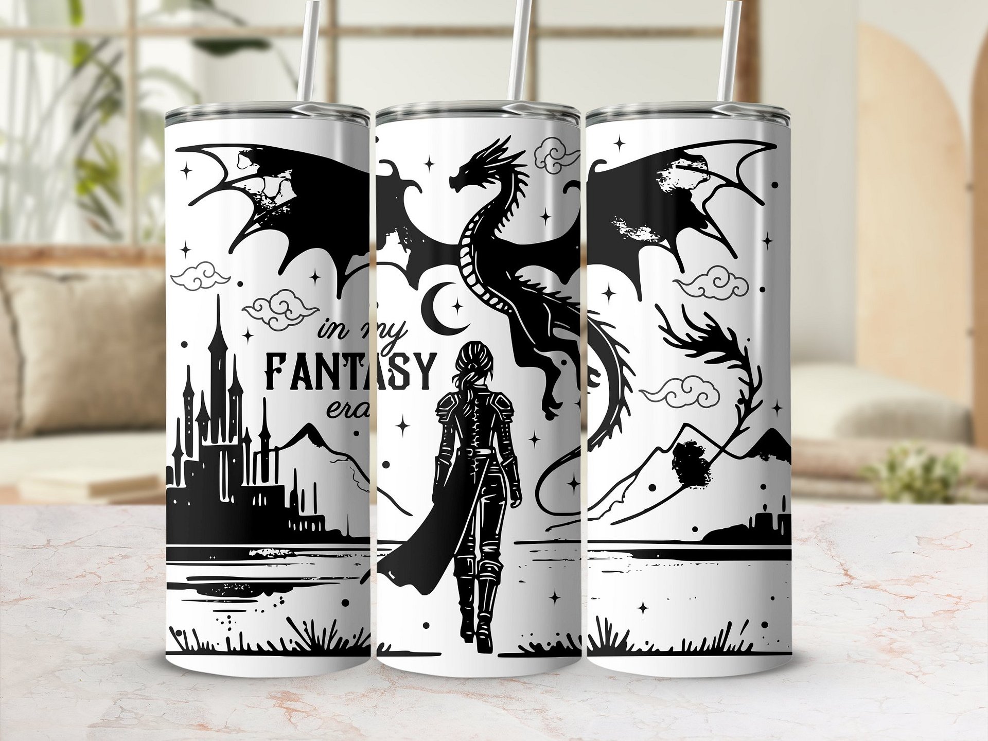 In My Fantasy Era PNG Vintage Retro Line Art Book Dragon Reader Bookish Smut 20oz Skinny Tumbler, Seamless Sublimation, Instant Download product image (4)