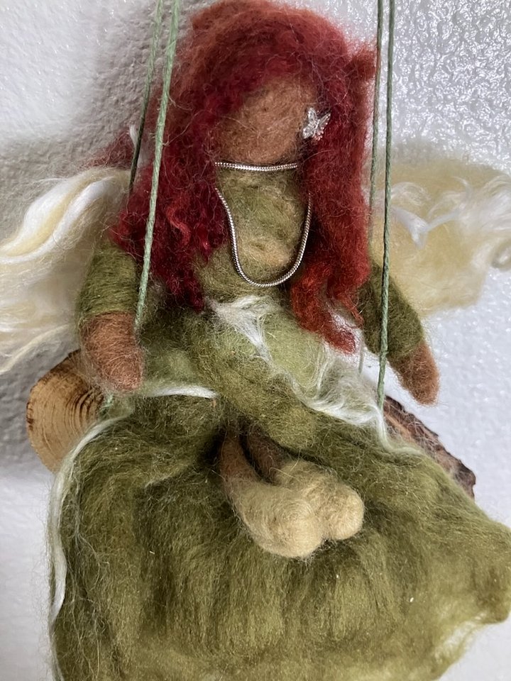 Hand-Felted Guardian Angel on Natural Wood Swing - Earthy Green Gown - Artisan Hanging Sculpture product image (2)