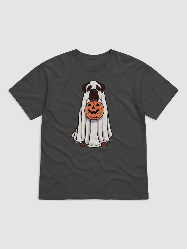 Funny Halloween Bullmastiff(Brindle) T-Shirt | Funny Bullmastiff Wearing a Ghost Costume and Holding a Pumpkin Basket product image (1)