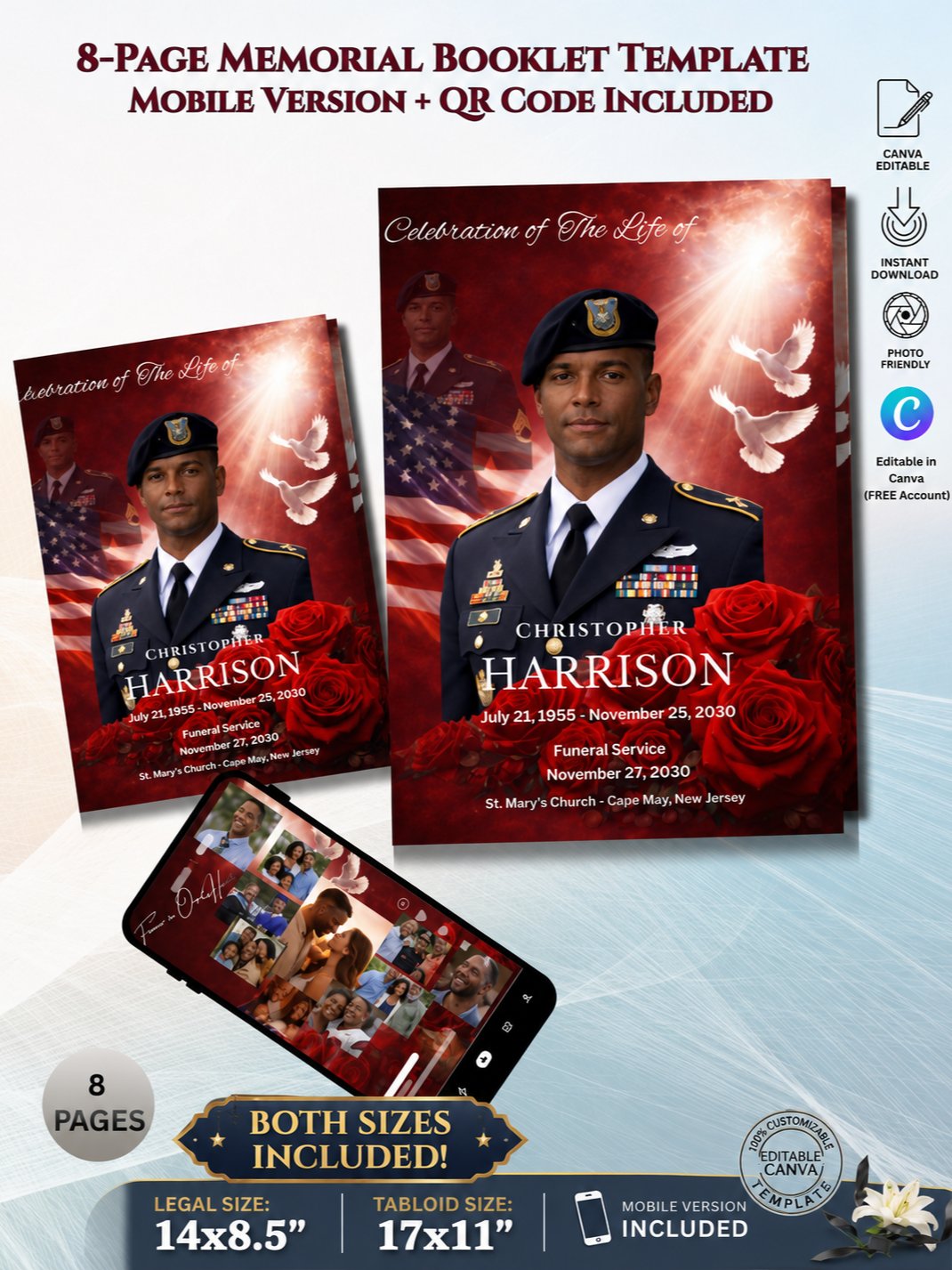 QR Code Military Funeral Booklet with 8-Slide Mobile Invitation & 17x11 Tabloid Template product image (1)