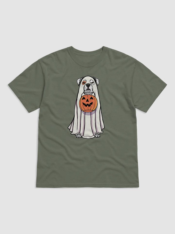 Funny Halloween Boxer(White) Dog T-Shirt | Funny Boxer Wearing a Ghost Costume and Holding a Pumpkin Basket product image (1)